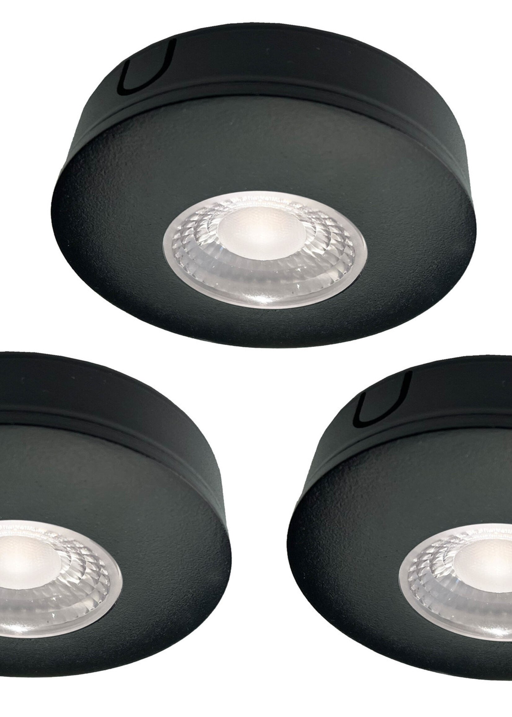 Set van 3 Cabinet Led Opbouwspot warm wit, zwarte uitvoering IP44, dimbaar