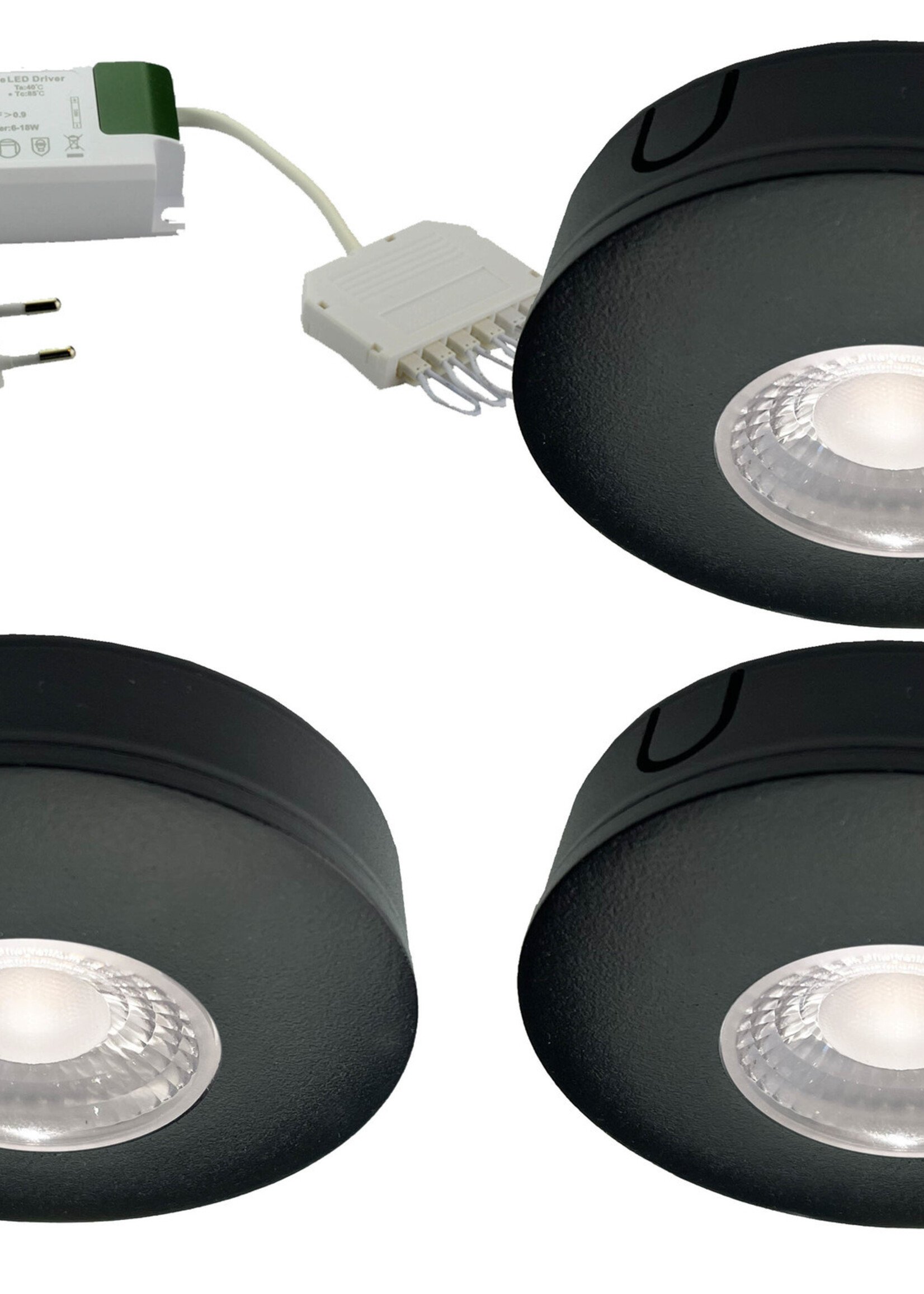 Set van 3 Cabinet Led Opbouwspot warm wit, zwarte uitvoering IP44, dimbaar