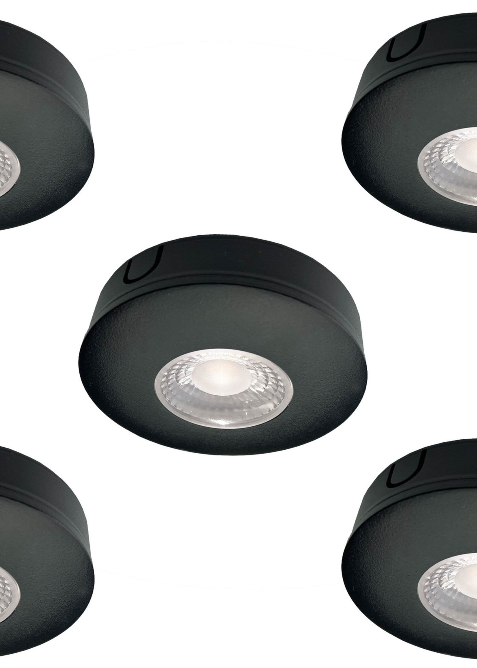 Set van 5 Cabinet Led Opbouwspot warm wit, zwarte uitvoering IP44, dimbaar