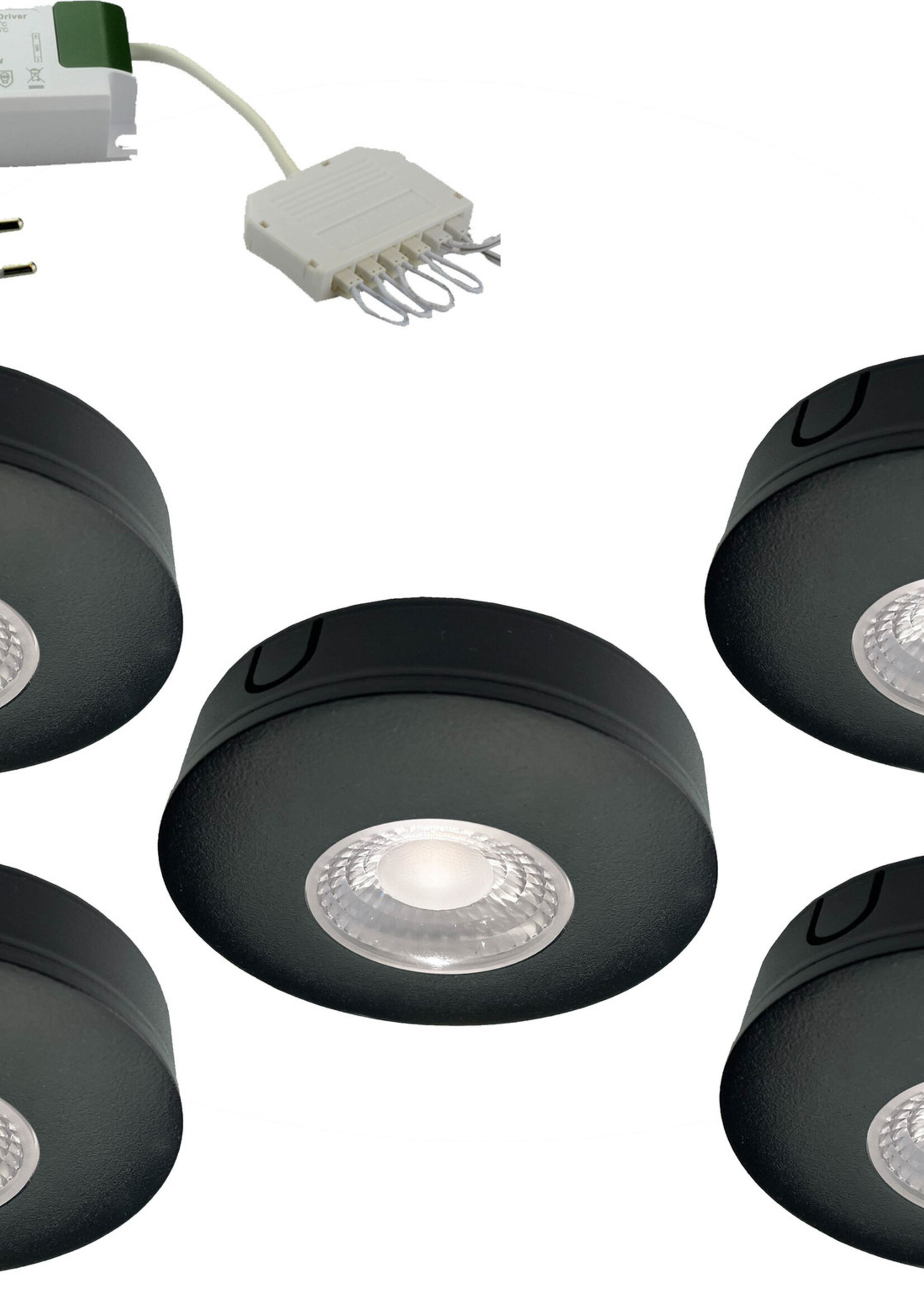 Set van 5 Cabinet Led Opbouwspot warm wit, zwarte uitvoering IP44, dimbaar