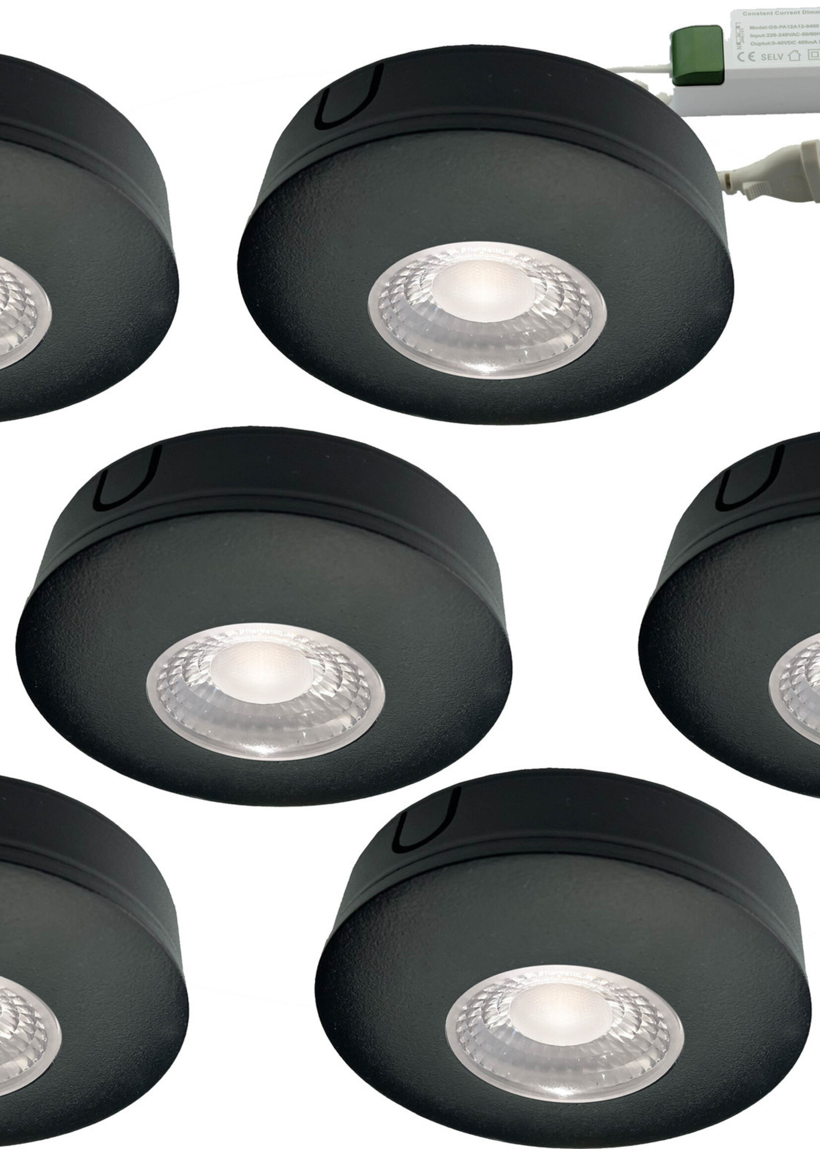 Set van 6 Cabinet Led Opbouwspot warm wit, zwarte uitvoering IP44, dimbaar
