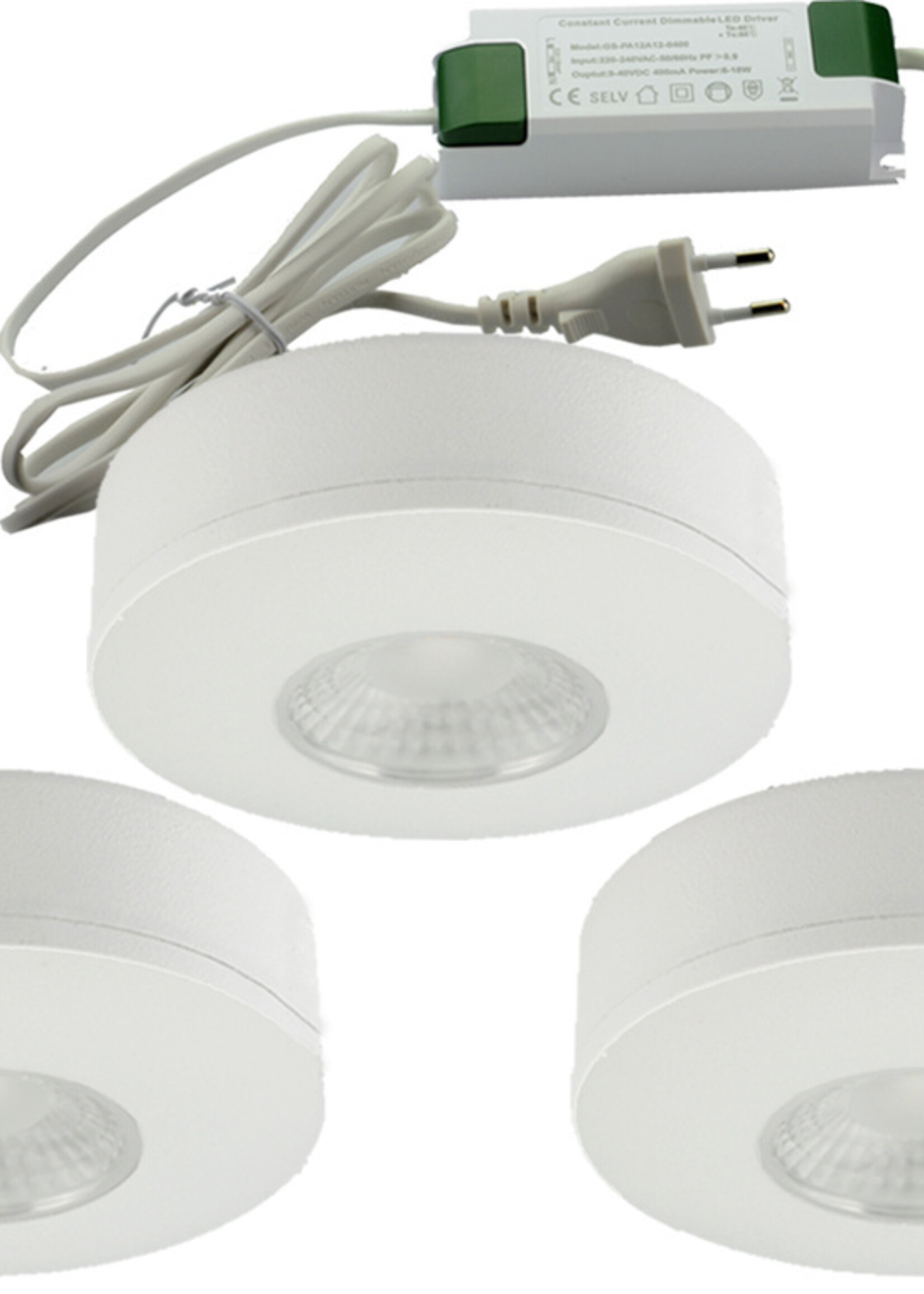 Set van 3 Cabinet Led Opbouwspot warm wit, witte uitvoering IP44, dimbaar