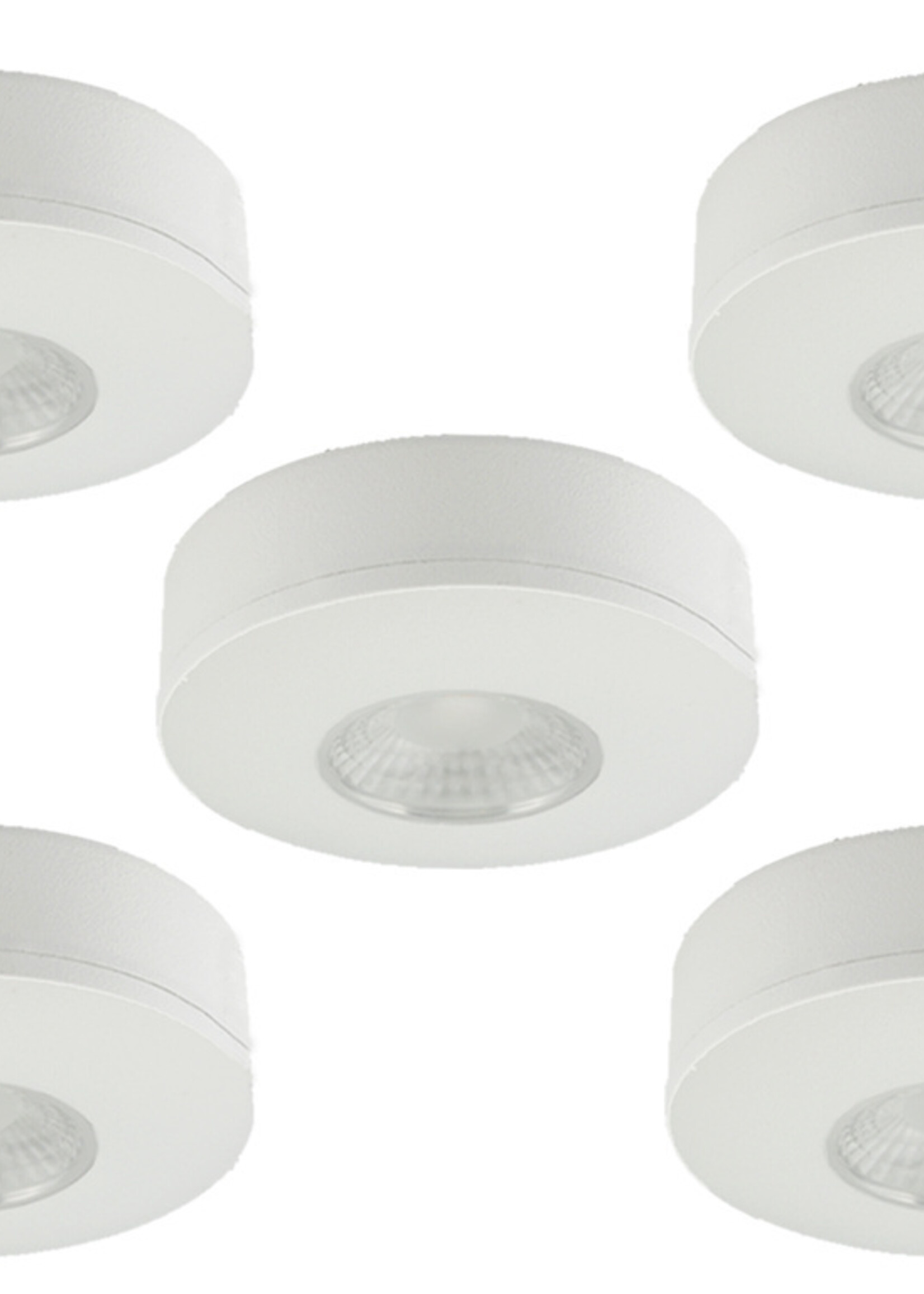 Set van 5 Cabinet Led Opbouwspot warm wit, witte uitvoering IP44, dimbaar