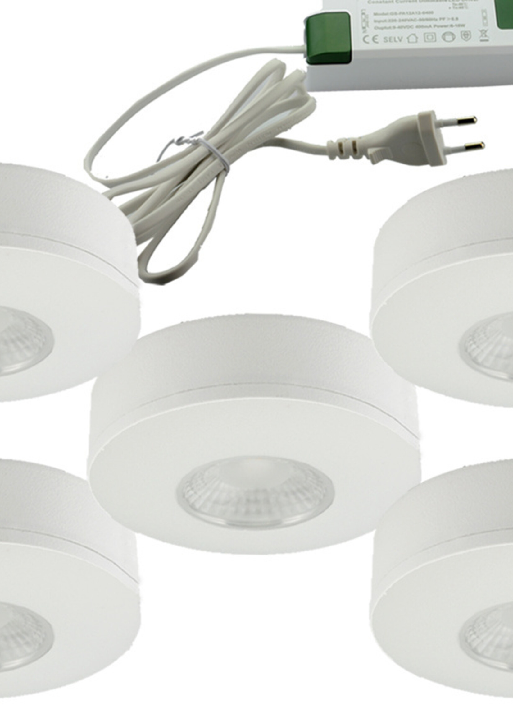 Set van 5 Cabinet Led Opbouwspot warm wit, witte uitvoering IP44, dimbaar