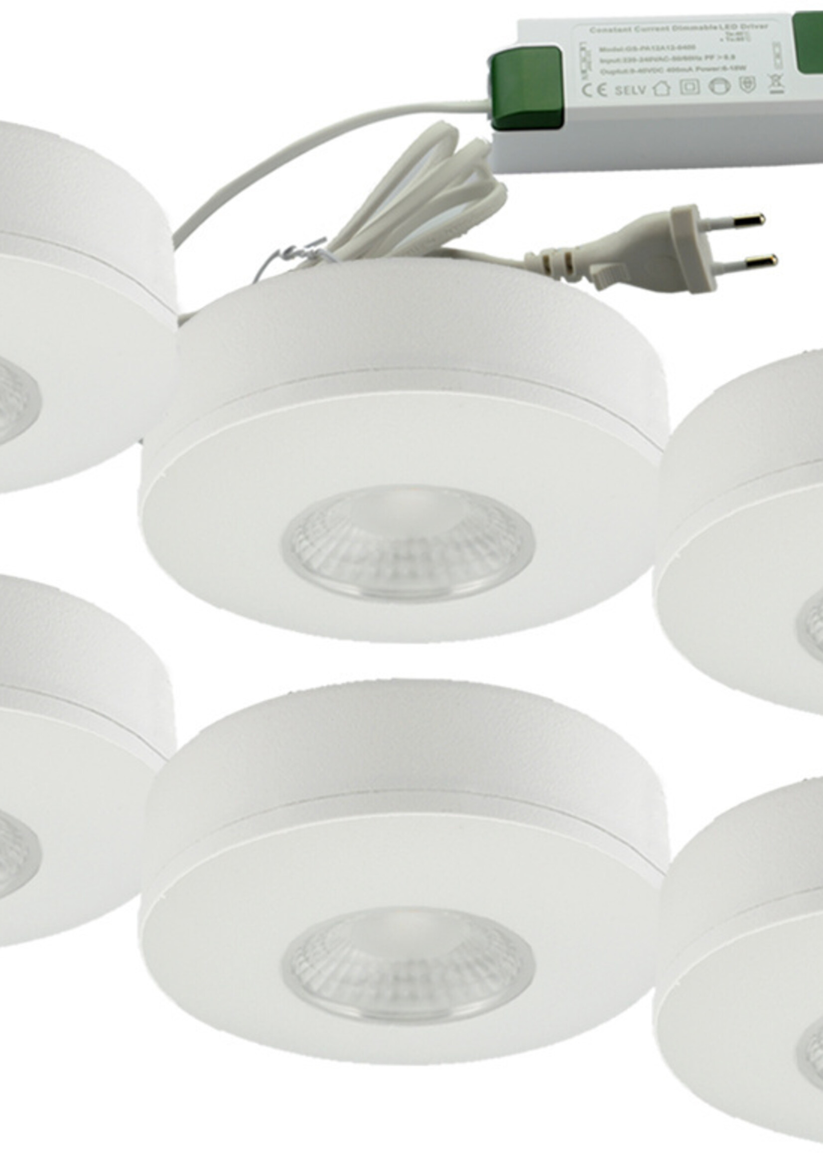 Set van 6 Cabinet Led Opbouwspot warm wit, witte uitvoering IP44, dimbaar