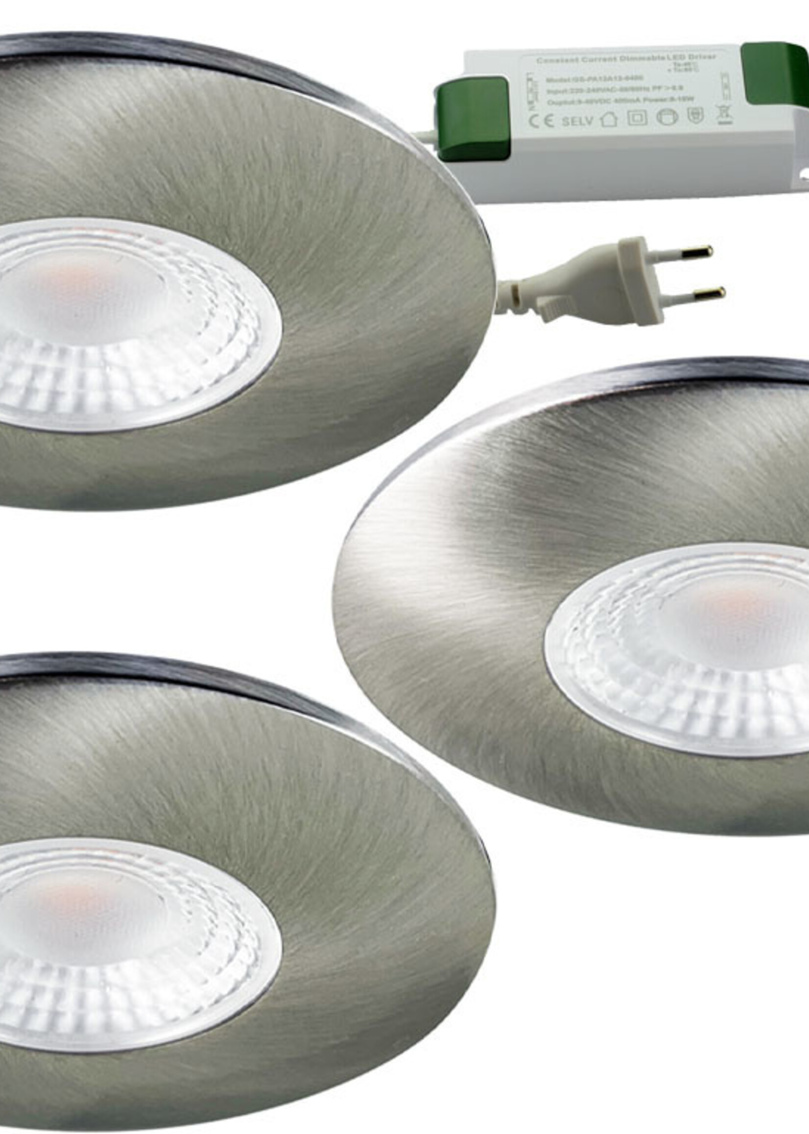 Set van 3 Cabinet Led Inbouwspots warm wit, in rvs kleur IP44 , dimbaar