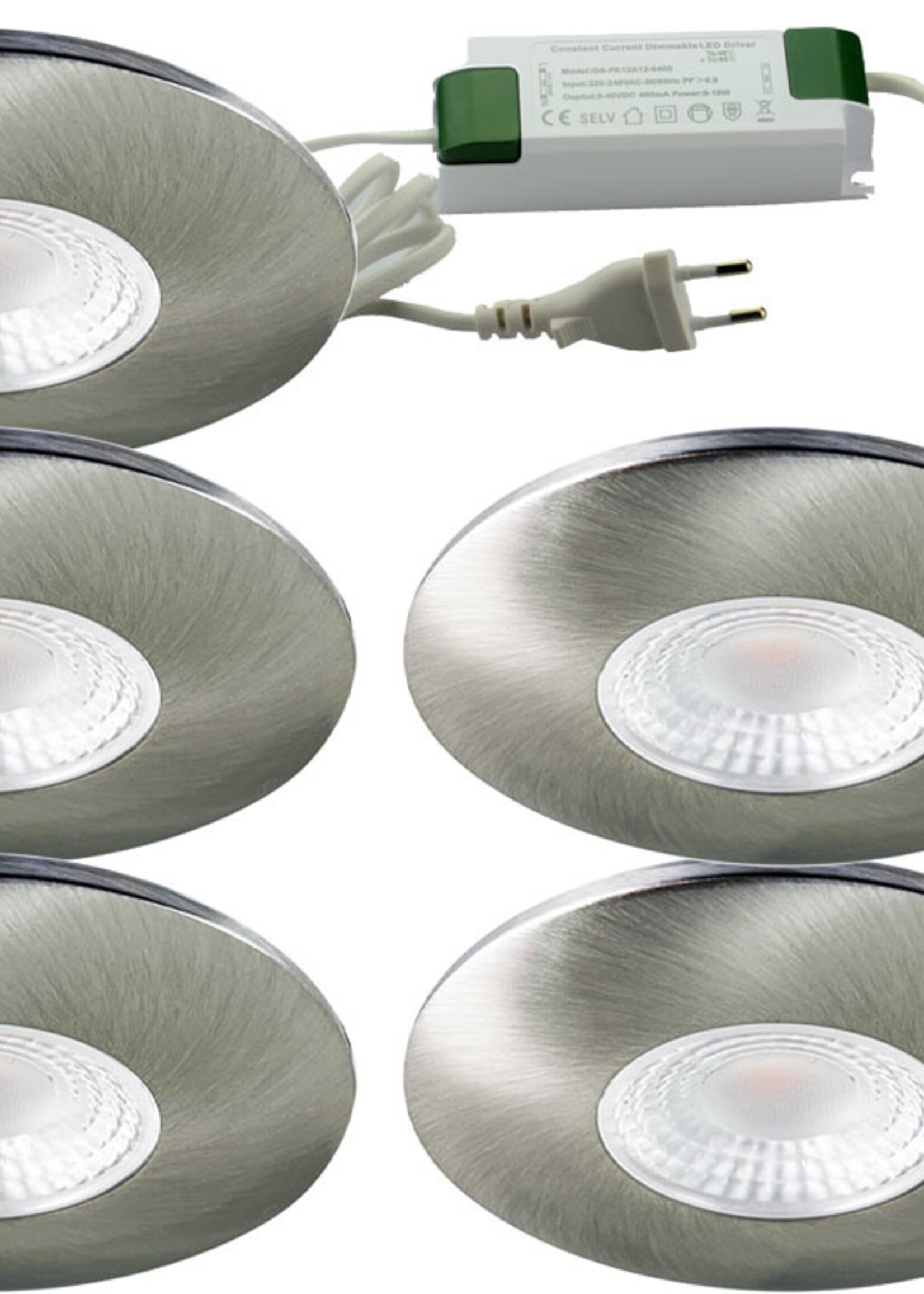 Set van 5 Cabinet Led Inbouwspots warm wit, in rvs kleur IP44, , dimbaar