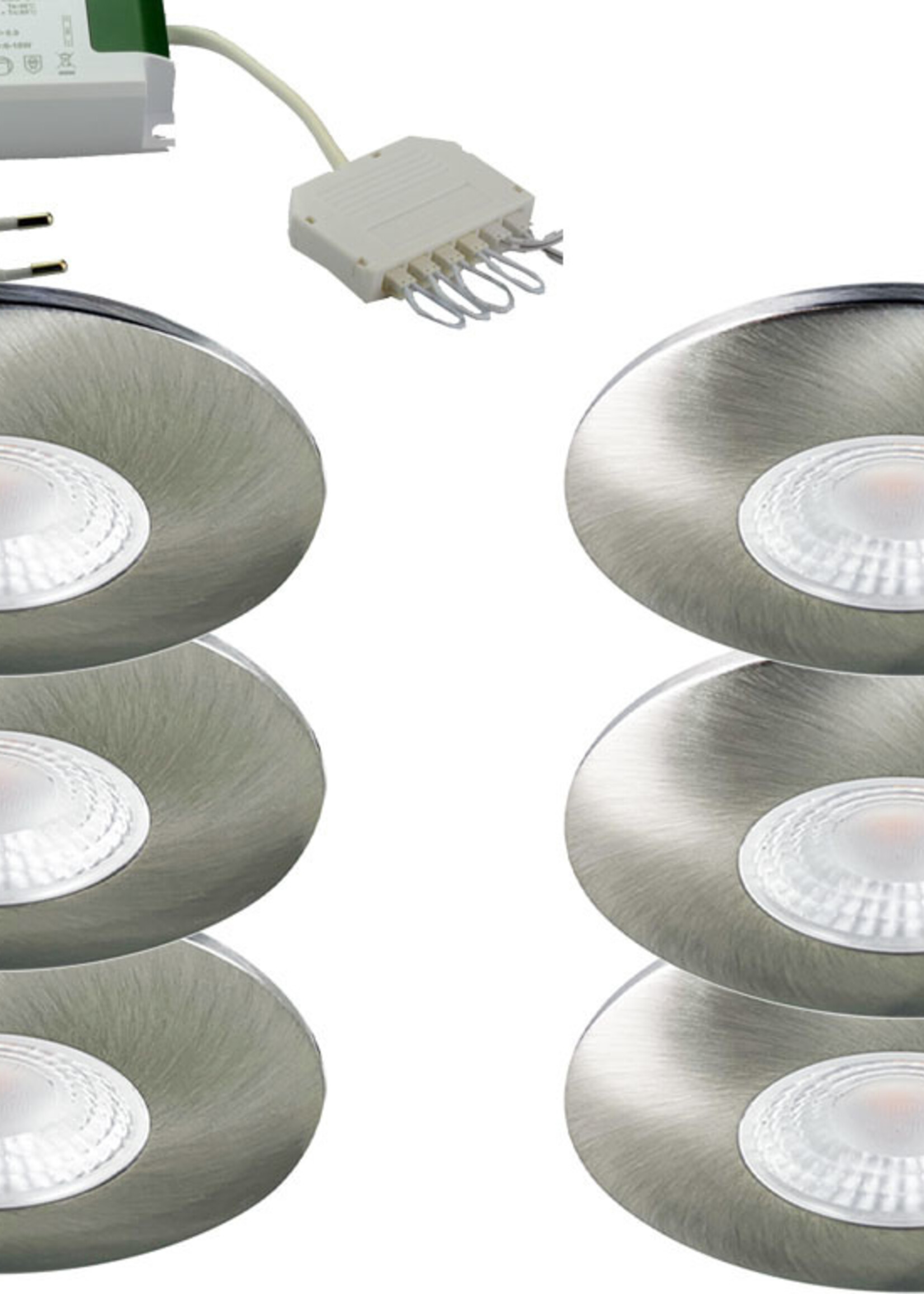 Set van 6 Cabinet Led Inbouwspots warm wit, in rvs kleur IP44, dimbaar