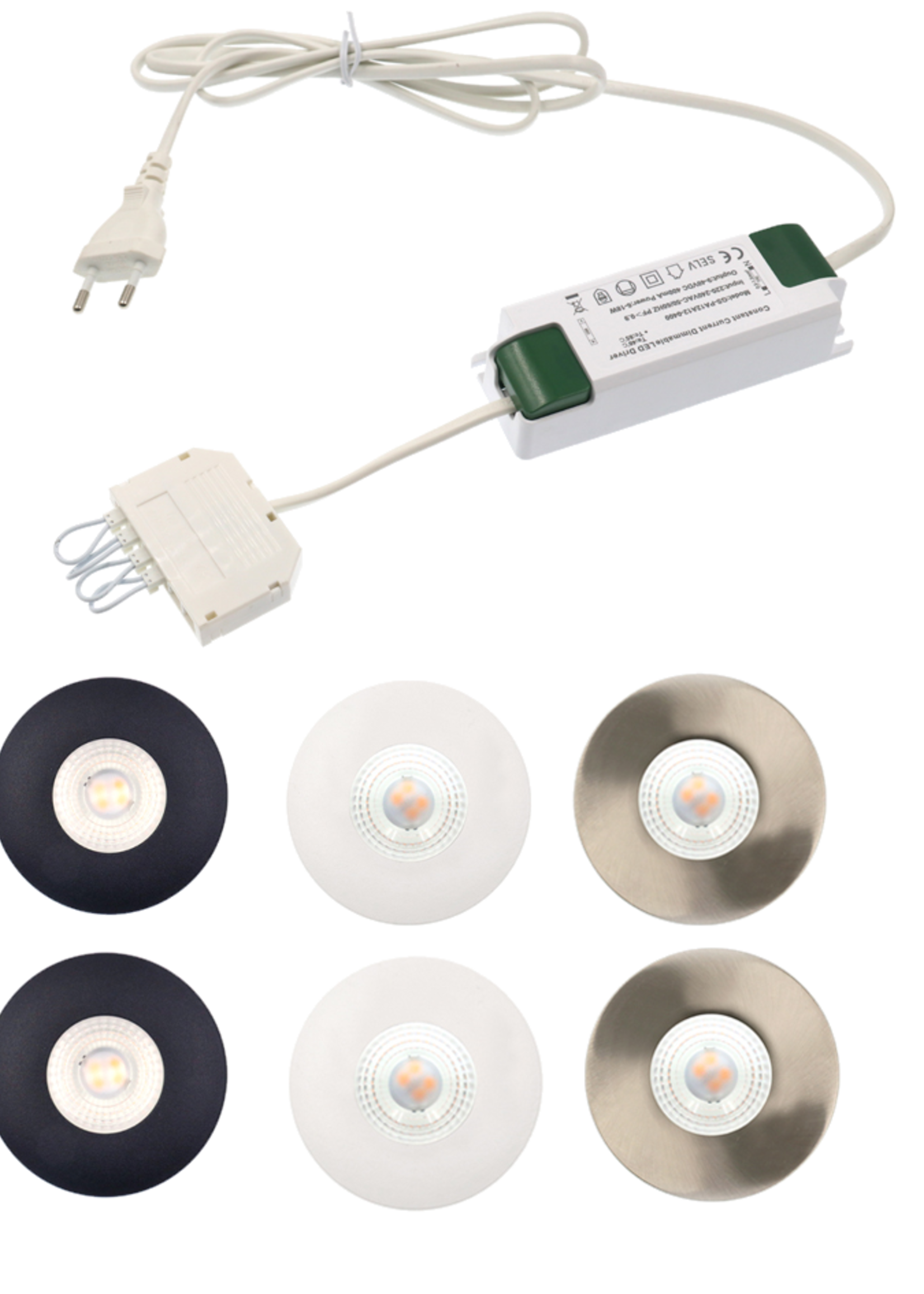 Set van 6 Cabinet Led Inbouwspots warm wit, in rvs kleur IP44, dimbaar