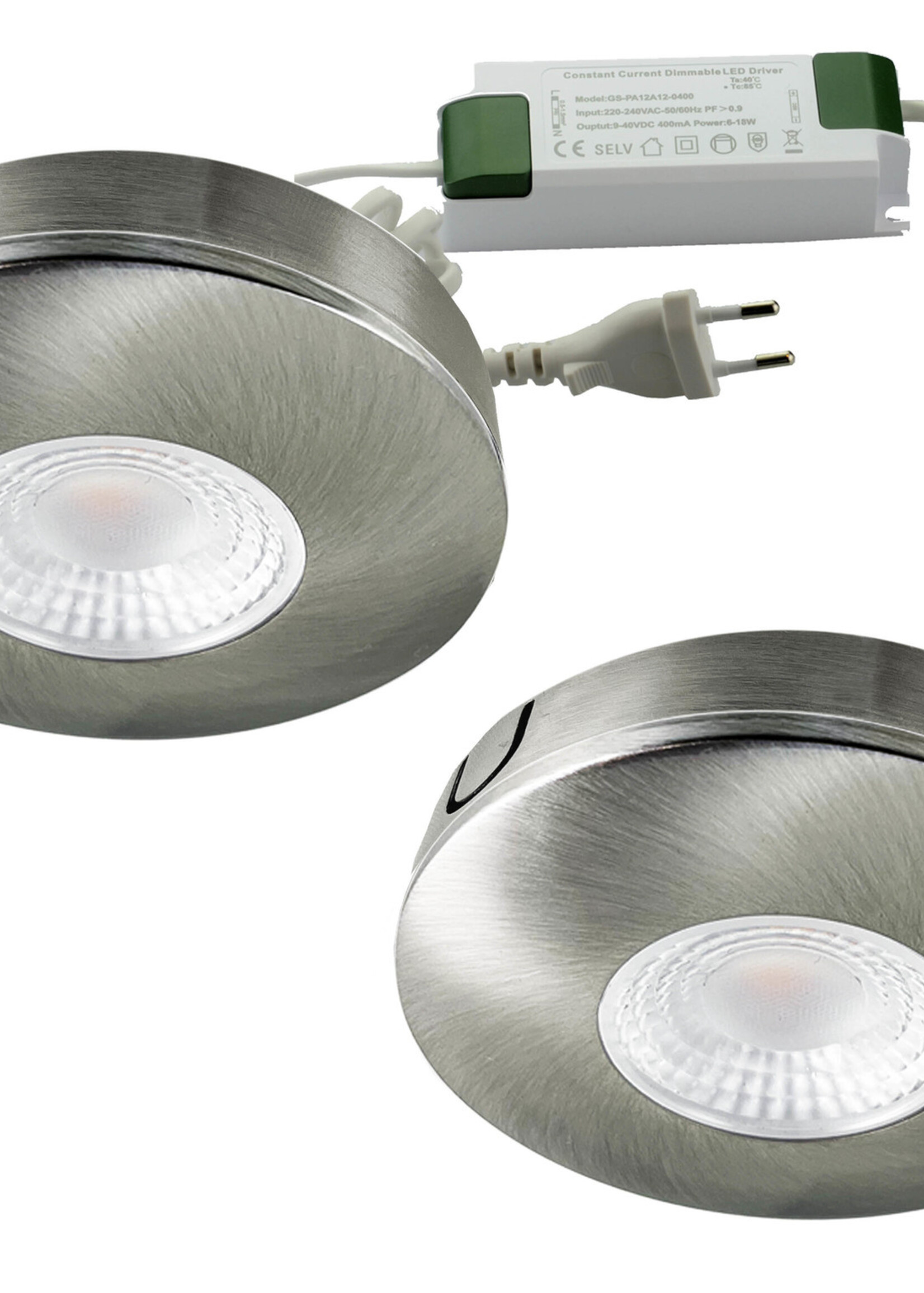 Set van 2 Cabinet Led opbouwspot warm wit, rvs uitvoering IP44, Dimbaar