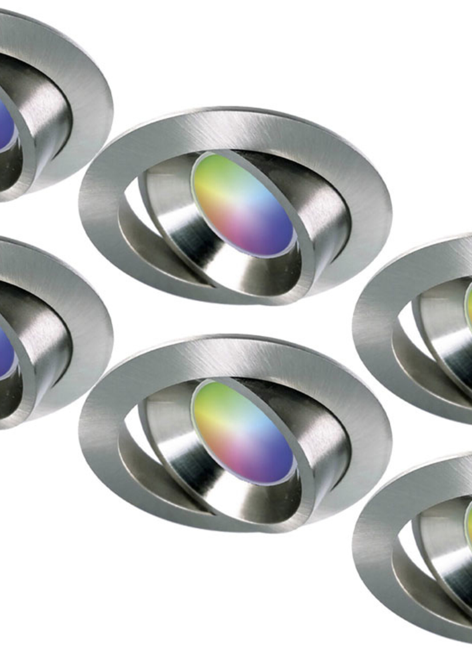 Ansell Set van 6 stuks RVS Wifi. RGB en dimtone inbouwspots, 5,5 W. Dimbaar via app of afstandsbediening
