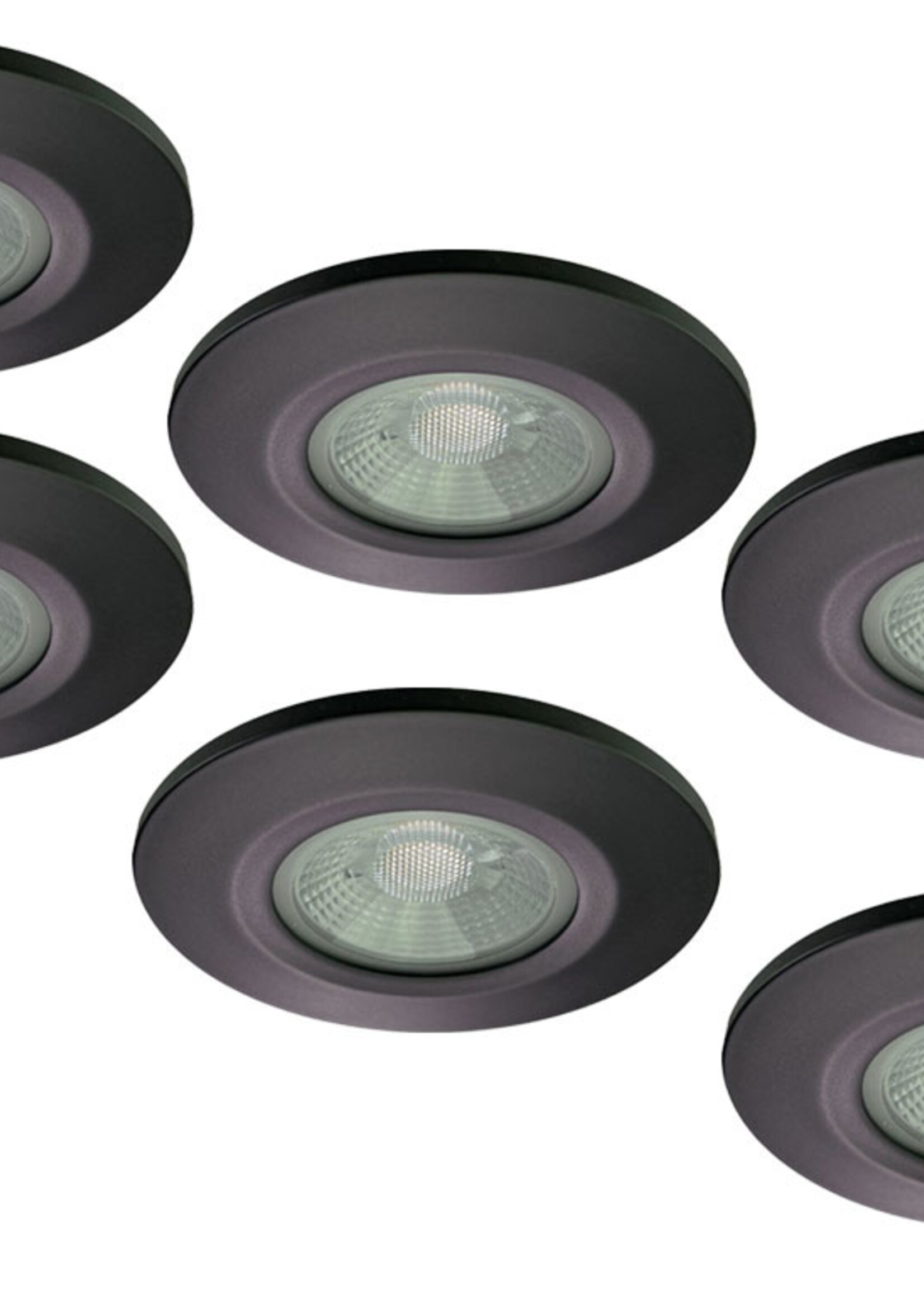 Set van 6 stuks Badkamer LEDspot Veneti√´, IP65 Dimbaar, zwarte uitvoering, Warm wit licht