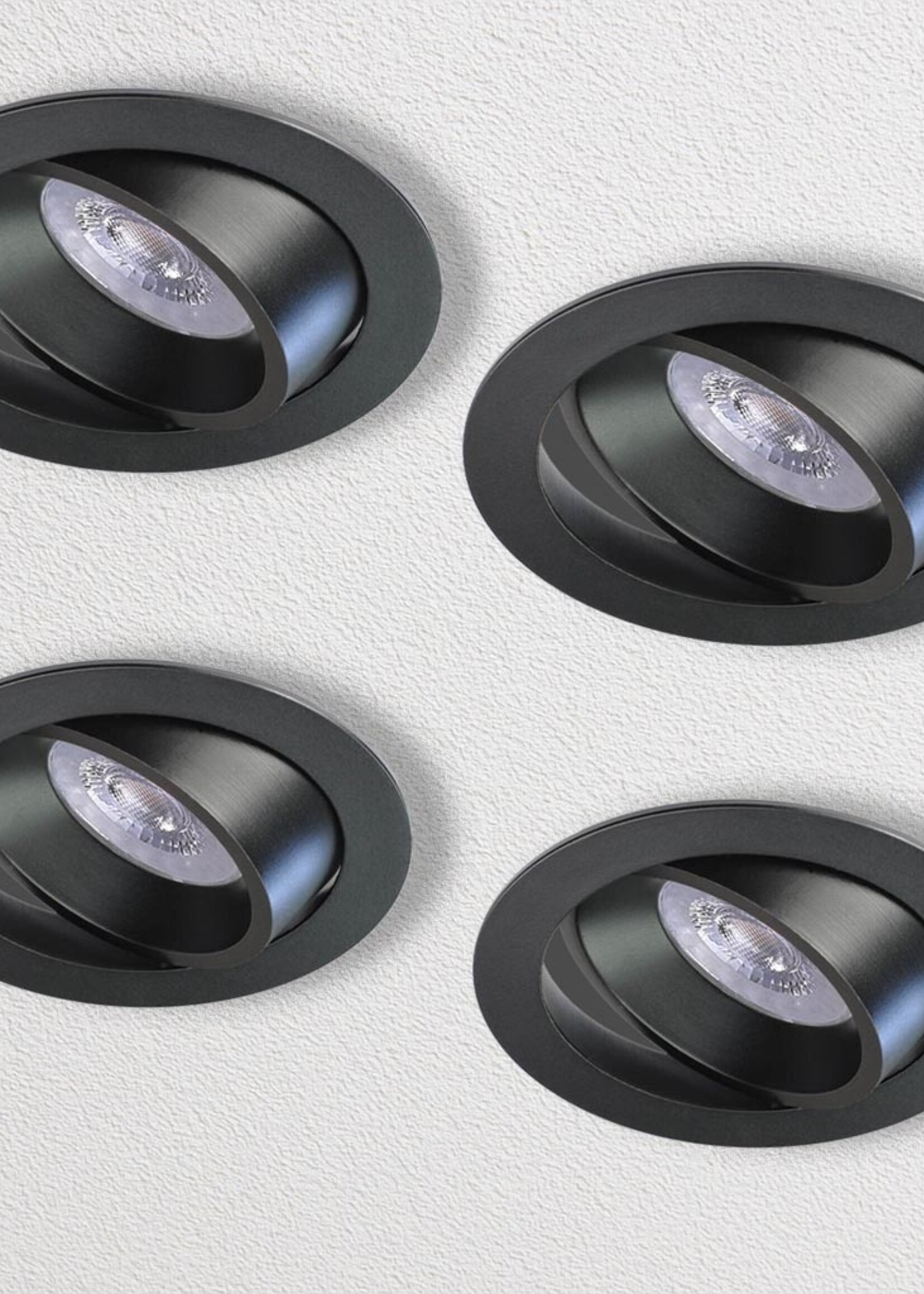 Set van 4 Zwarte LED inbouwspots BRUGGE 5W dimbaar, kantelbaar, warmwit licht.