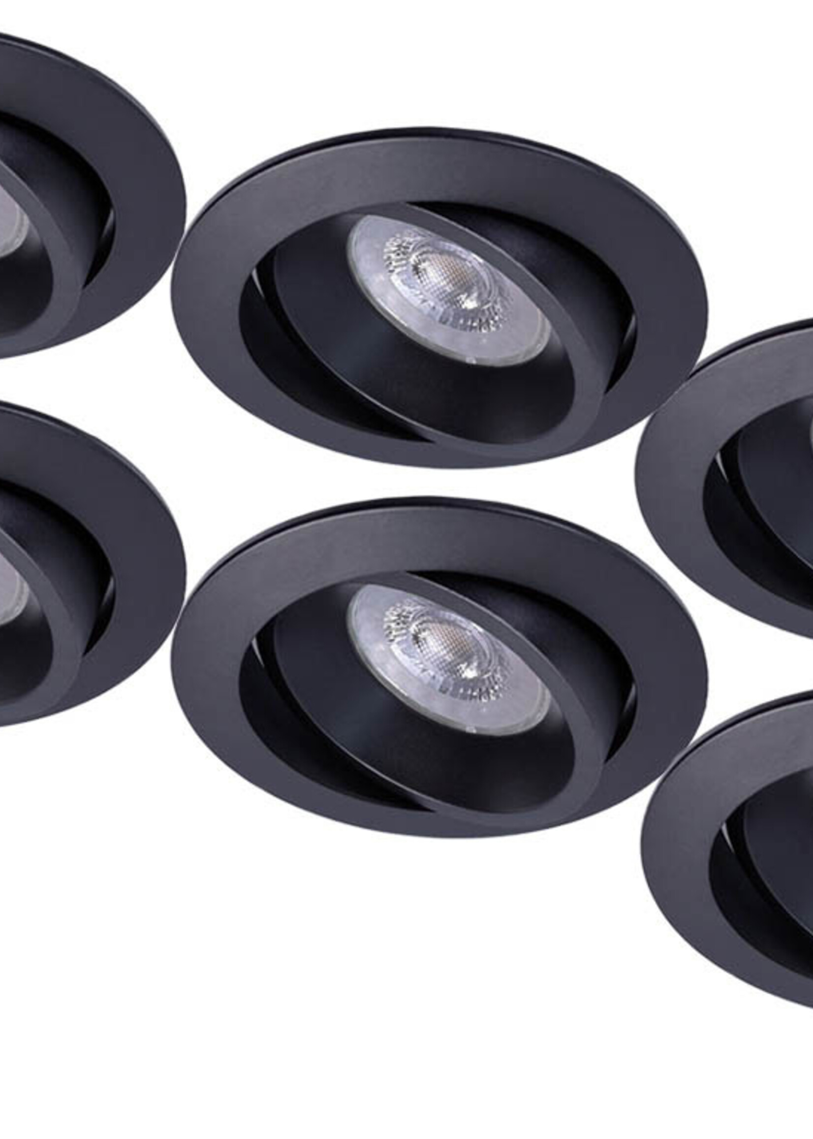 Set van 6 Zwarte LED inbouwspots BRUGGE 5W dimbaar, kantelbaar, warmwit licht.