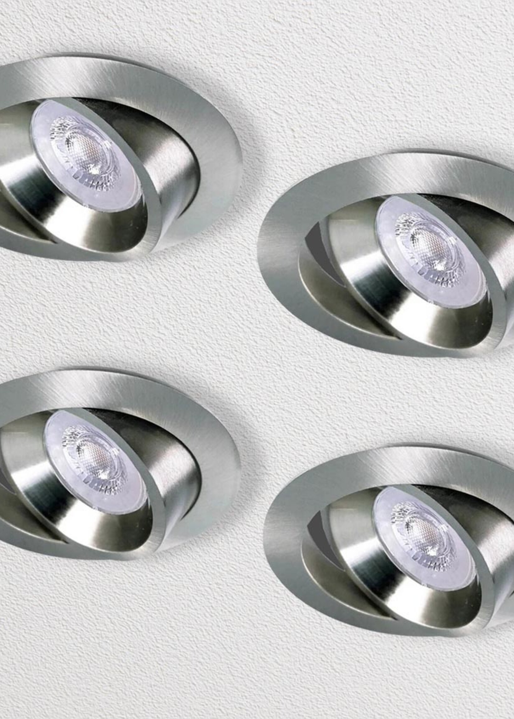 Set van 4 RVS LED inbouwspots BRUGGE 5W dimbaar, kantelbaar, warmwit licht.