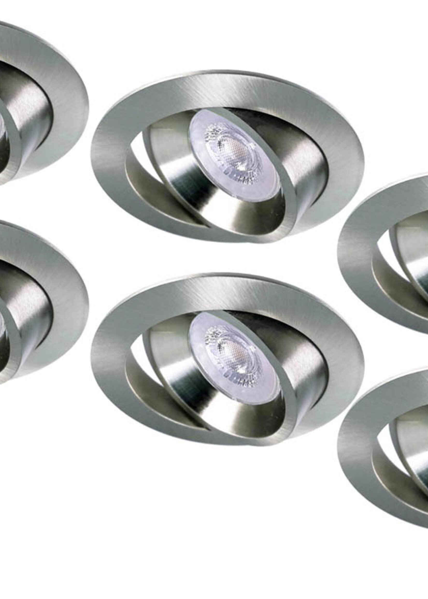 Set van 6 RVS LED inbouwspots BRUGGE 5W dimbaar, kantelbaar, warmwit licht.