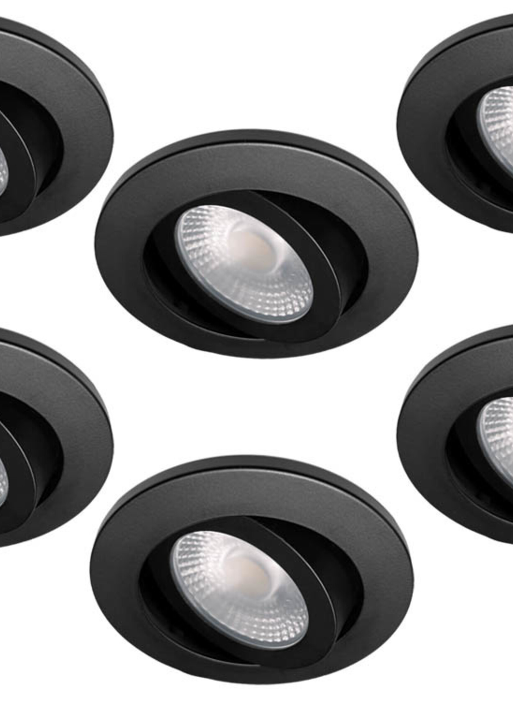 Set van 6 Badkamer LEDspot Rome IP65, 6 Watt, Dimbaar, kantelbaar, Zwarte uitvoering, Warm wit licht