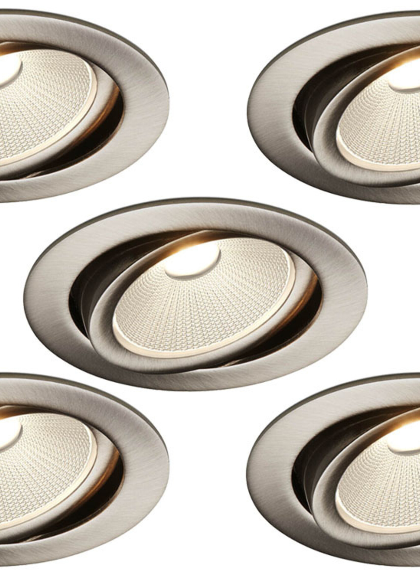 Set van 5 Rvs kleur Inbouw Ledspot Oslo, 6 Watt, Dimbaar Warm Wit IP44
