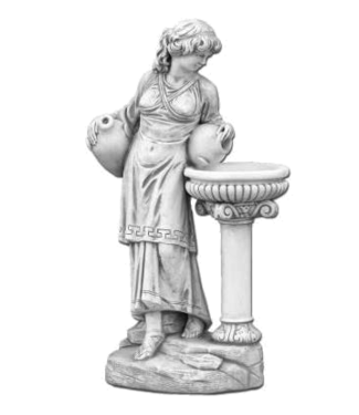 Vrouw met waterkruiken en sierlijke drinkbak