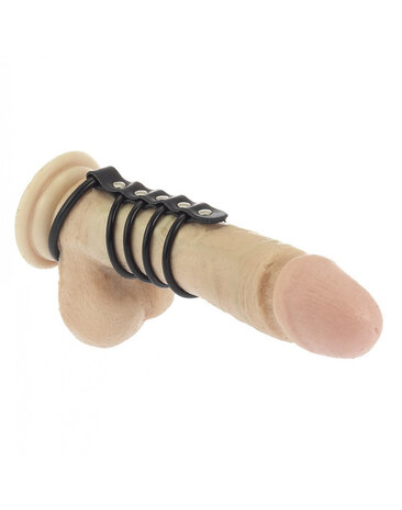 Rimba Bondage Play Zwarte leren penisringharnas – erectieversterker met 5 ringen Rimba Bondage Play Zwarte leren penisringharnas – erectieversterker met 5 ringen