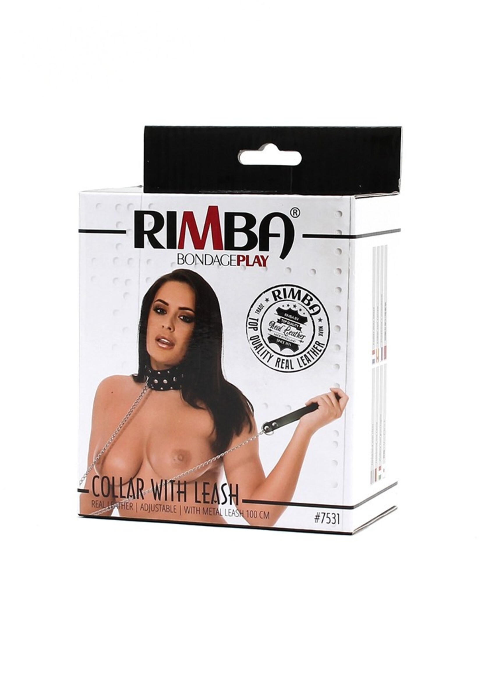 Rimba Bondage Play Collier clouté Rimba avec chaîne pour chien – Ajustable | Cuir véritable, noir