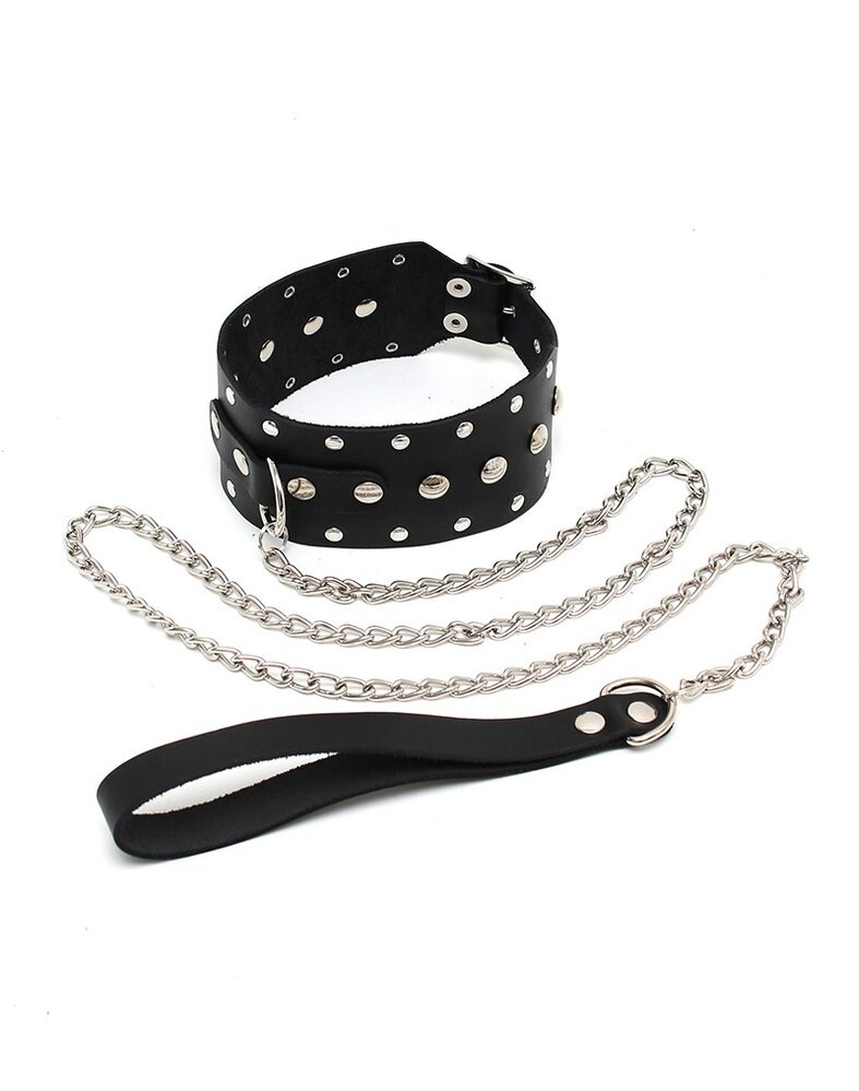 Rimba Bondage Play Nieten-Halsband mit Hundekette – Verstellbar | Echtleder, Schwarz
