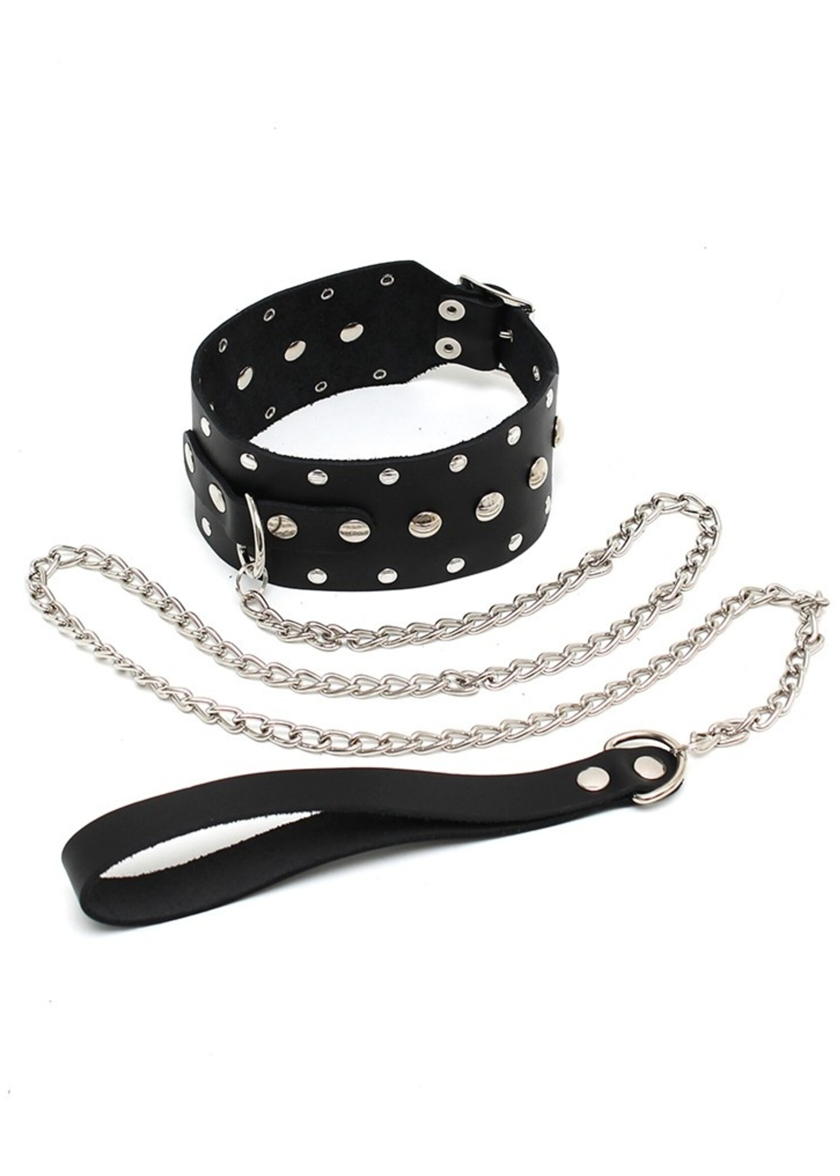 Rimba Bondage Play Halsband met studs en ketting – Verstelbaar | Echt leer, zwart