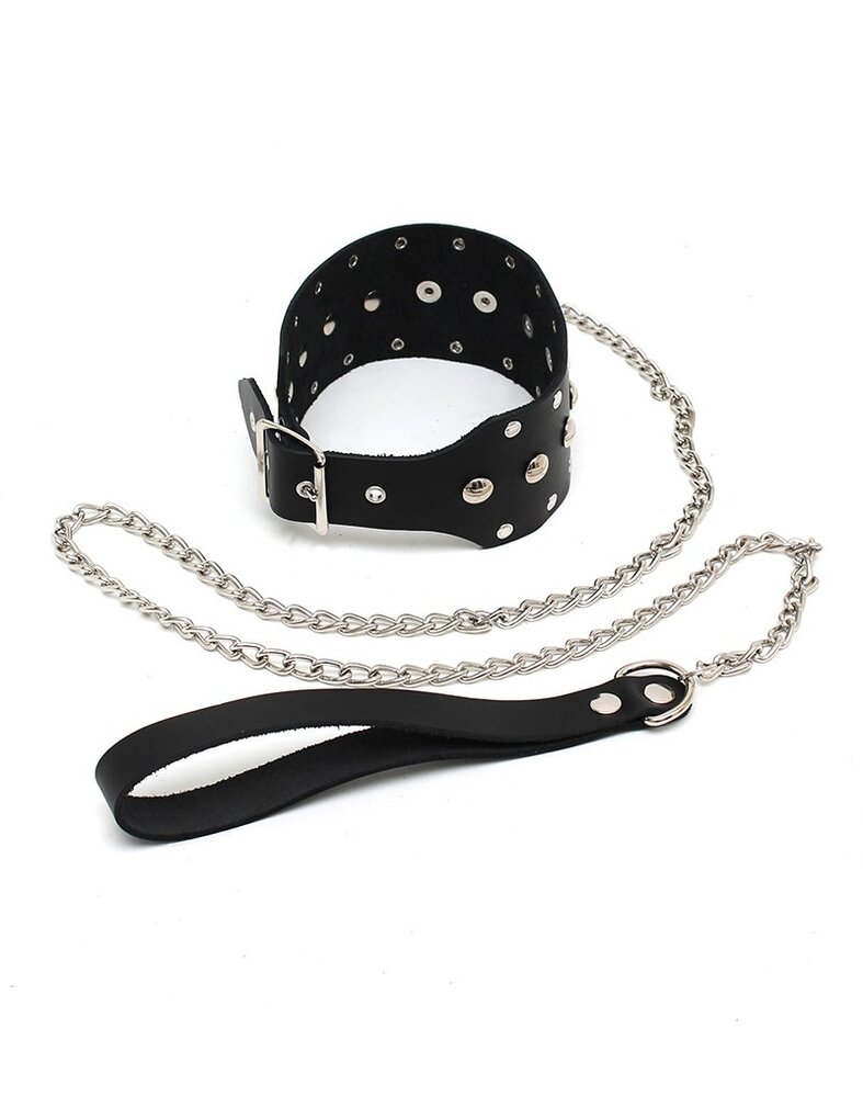 Rimba Bondage Play Nieten-Halsband mit Hundekette – Verstellbar | Echtleder, Schwarz