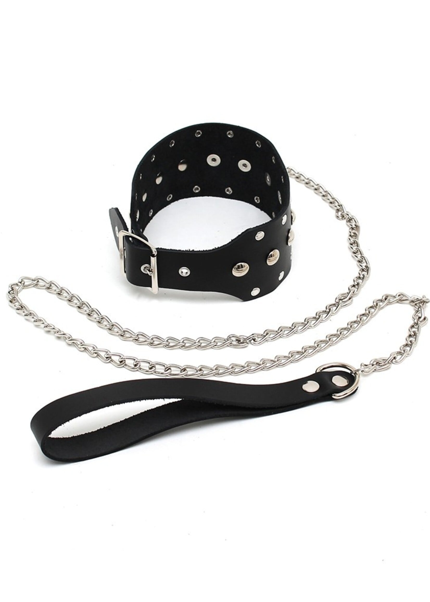 Rimba Bondage Play Halsband met studs en ketting – Verstelbaar | Echt leer, zwart