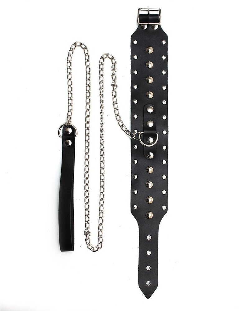 Rimba Bondage Play Halsband met studs en ketting – Verstelbaar | Echt leer, zwart
