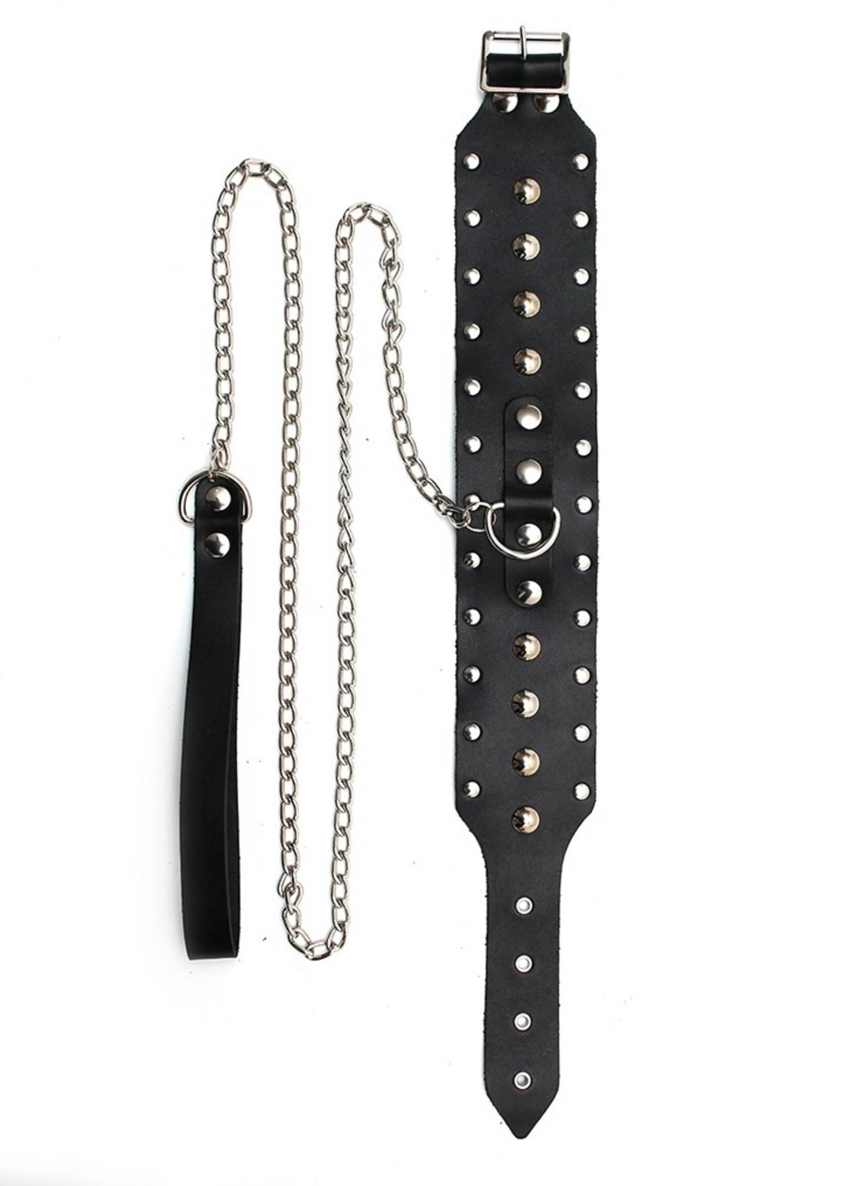 Rimba Bondage Play Halsband met studs en ketting – Verstelbaar | Echt leer, zwart