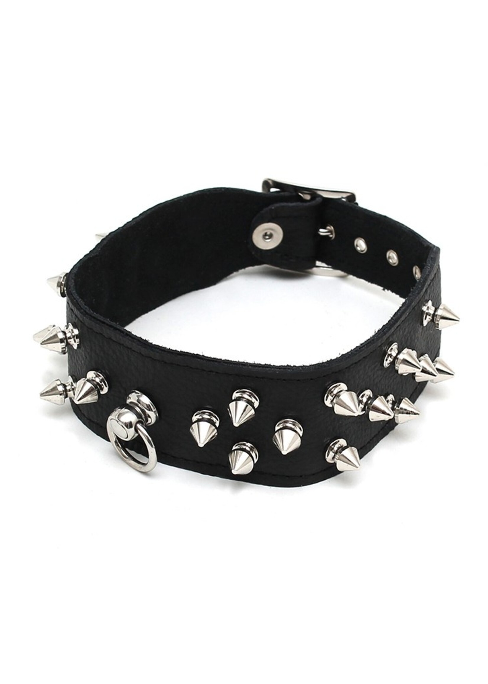 Rimba Bondage Play Leren halsband met doornversiering – Verstelbaar | Zwart, 4 cm breed