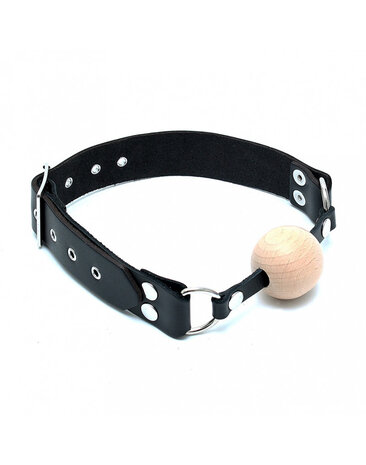 Rimba Bondage Play Leder-Mundknebel mit Holzkugel – Verstellbar, 4 cm Ball