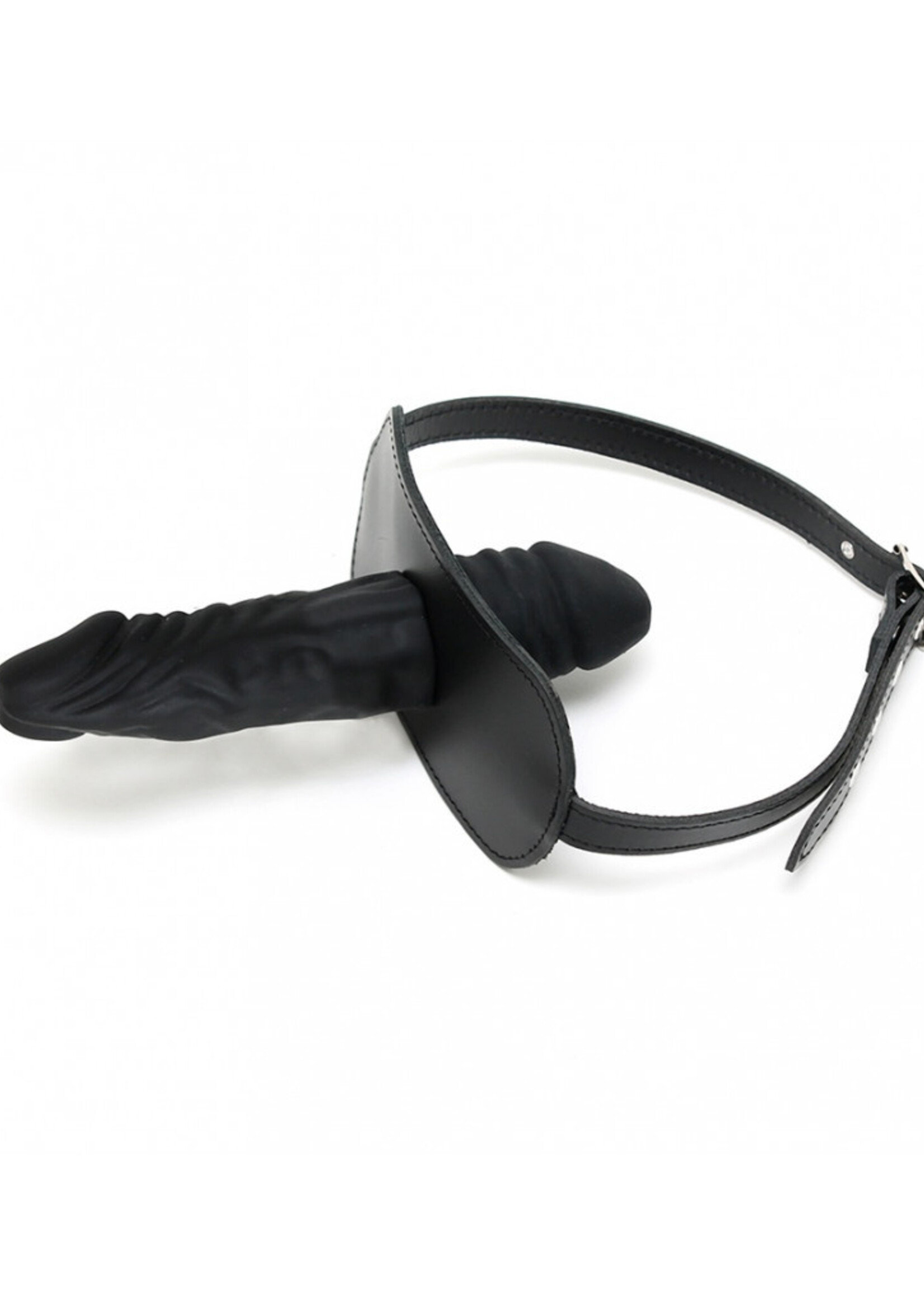 Rimba Bondage Play Mondknevel met latex dildo aan de binnen- (4 x 6 cm) en buitenkant (4 x 13 cm) - Zwart