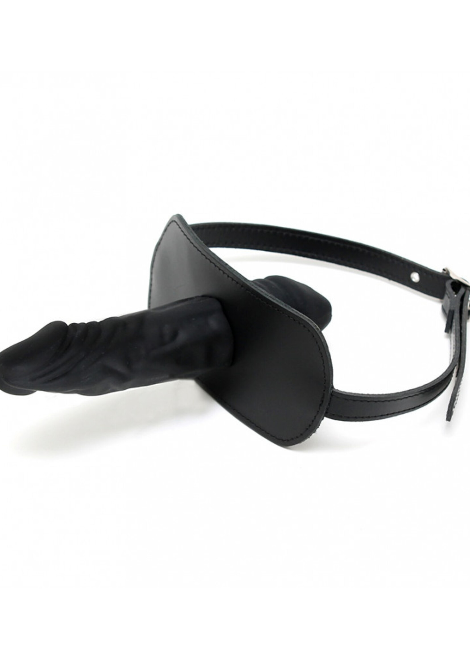 Rimba Bondage Play Mondknevel met latex dildo aan de binnen- (4 x 6 cm) en buitenkant (4 x 13 cm) - Zwart