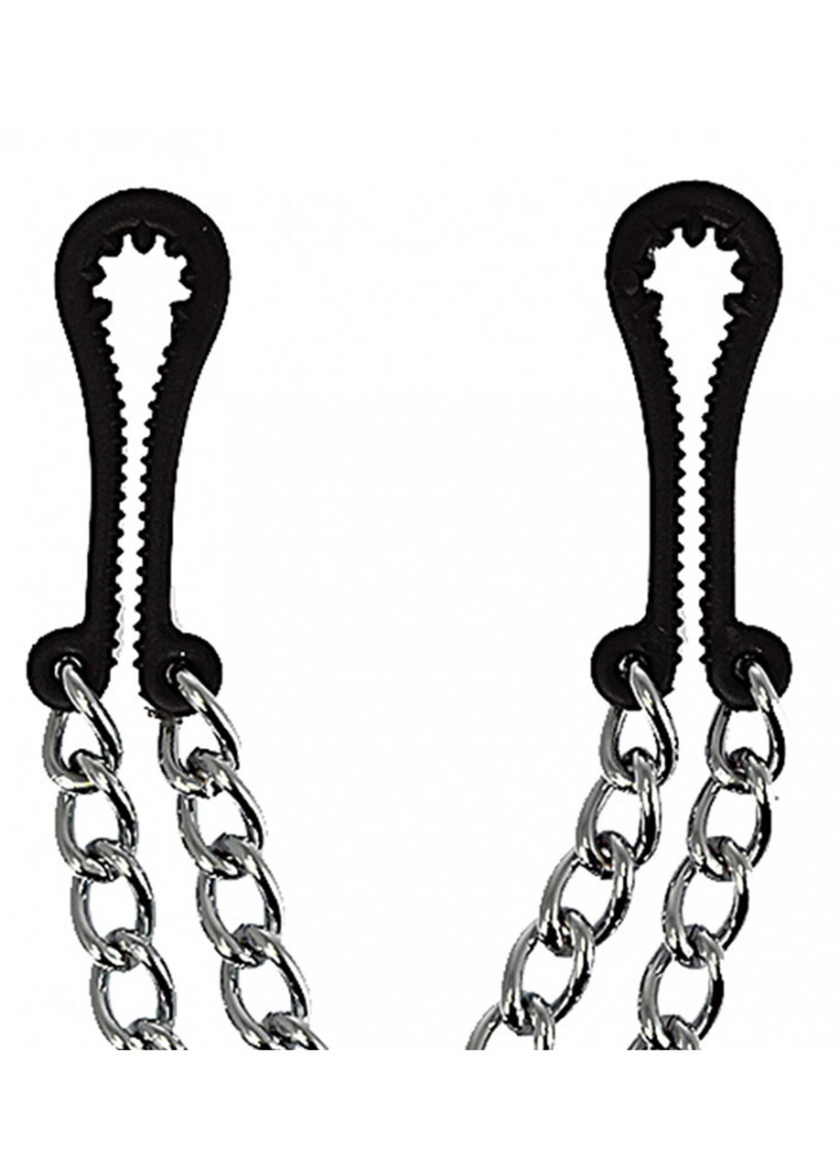 Rimba Bondage Play Kunststof borstklemmen met dubbele ketting – Zwart