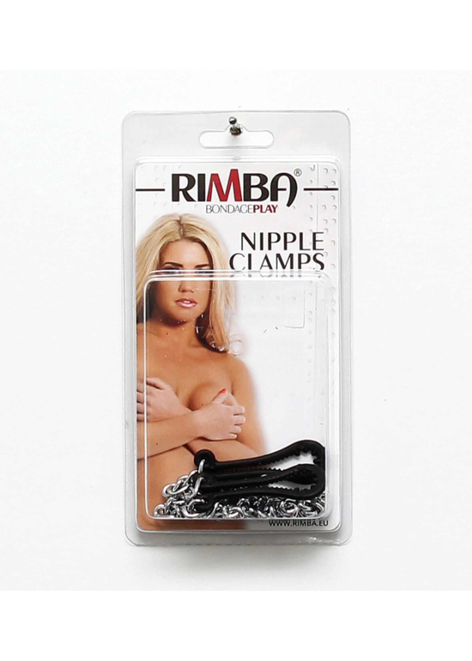 Rimba Bondage Play Kunststof borstklemmen met dubbele ketting – Zwart