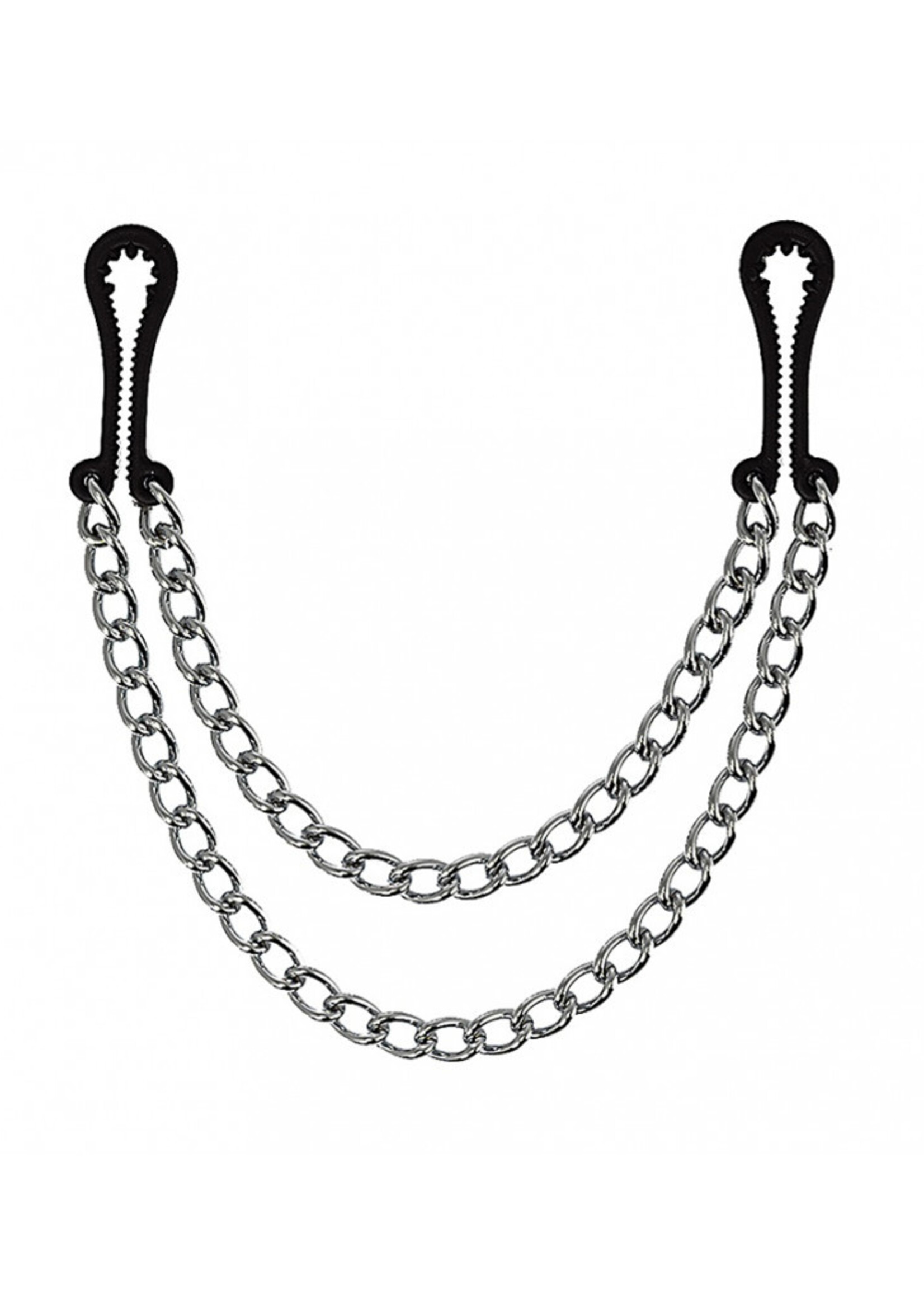 Rimba Bondage Play Kunststof borstklemmen met dubbele ketting – Zwart