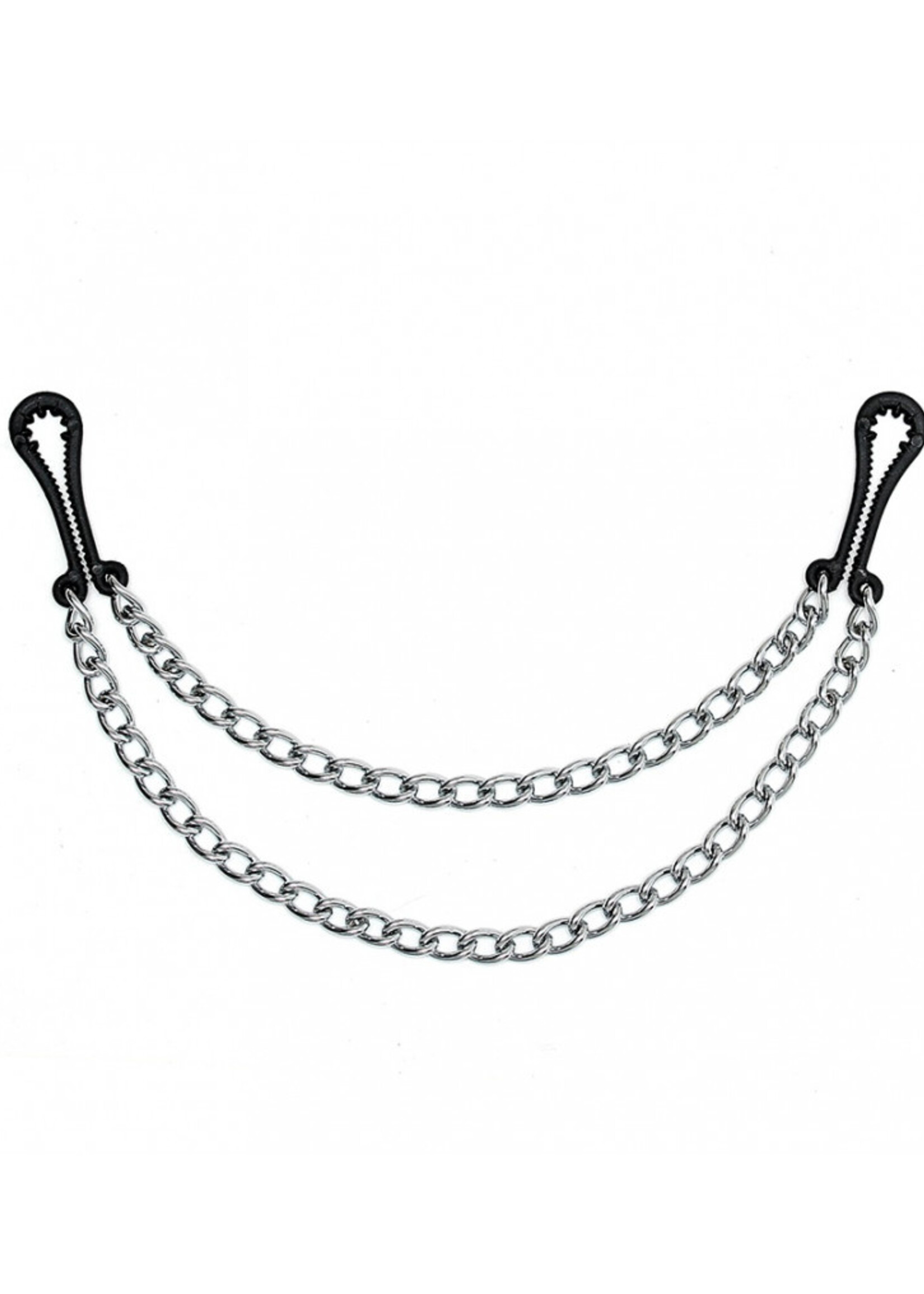 Rimba Bondage Play Kunststof borstklemmen met dubbele ketting – Zwart