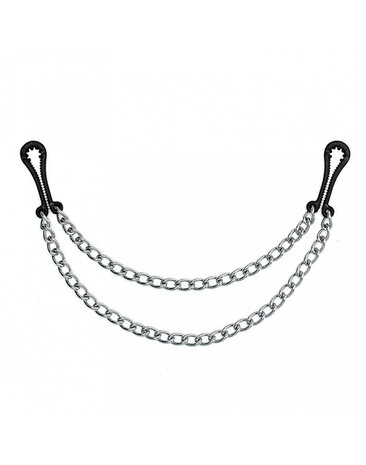 Rimba Bondage Play Rimba Plastic Breast Clips with Double Chain - Black Rimba Bondage Play Rimba Plastic Breast Clips with Double Chain - Black