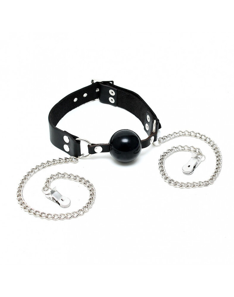 Rimba Bondage Play Mondknevel met siliconenbal en borstklemmen | Zwart en verstelbaar