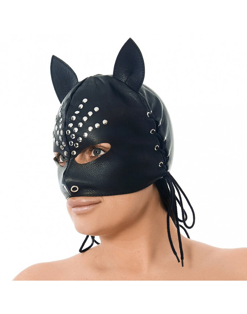 Rimba Bondage Play Masque de chat Rimba en cuir véritable – avec rivets et oreilles | Réglable Rimba Bondage Play Masque de chat Rimba en cuir véritable – avec rivets et oreilles | Réglable