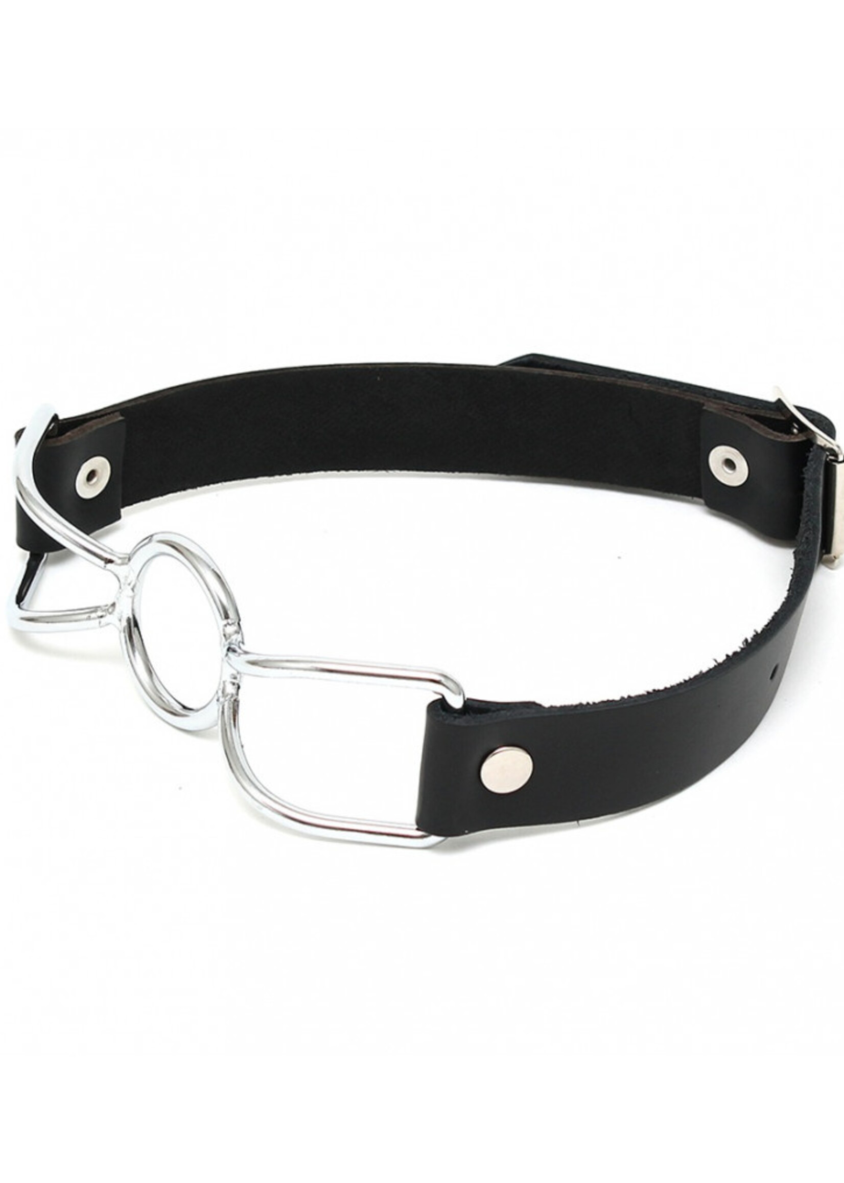 Rimba Bondage Play Mondknevel met O-ring – Leer, verstelbaar, zilverzwart