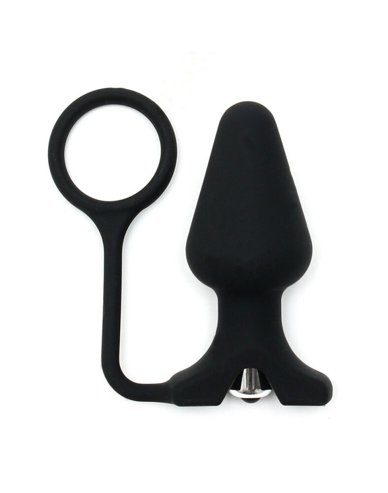 Rimba Bondage Play plug anal en silicone avec vibrateur et anneau pénien | Noir, Ø 4,4 cm