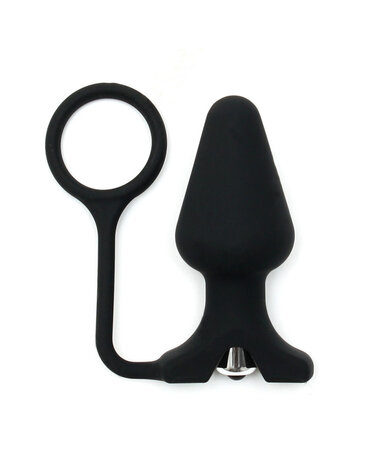 Rimba Bondage Play plug anal en silicone avec vibrateur et anneau pénien | Noir, Ø 4,4 cm