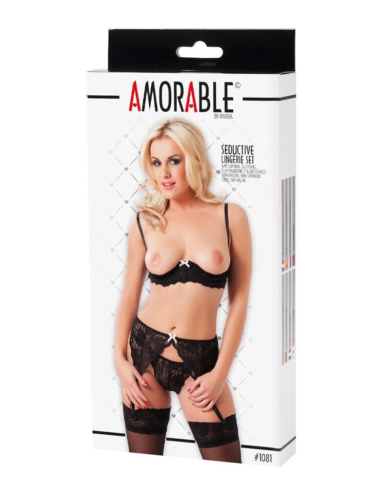 Amorable by Rimba Amorable by Rimba - 1/2 Cup Bra with G-string, Suspenders and Stockings - Black