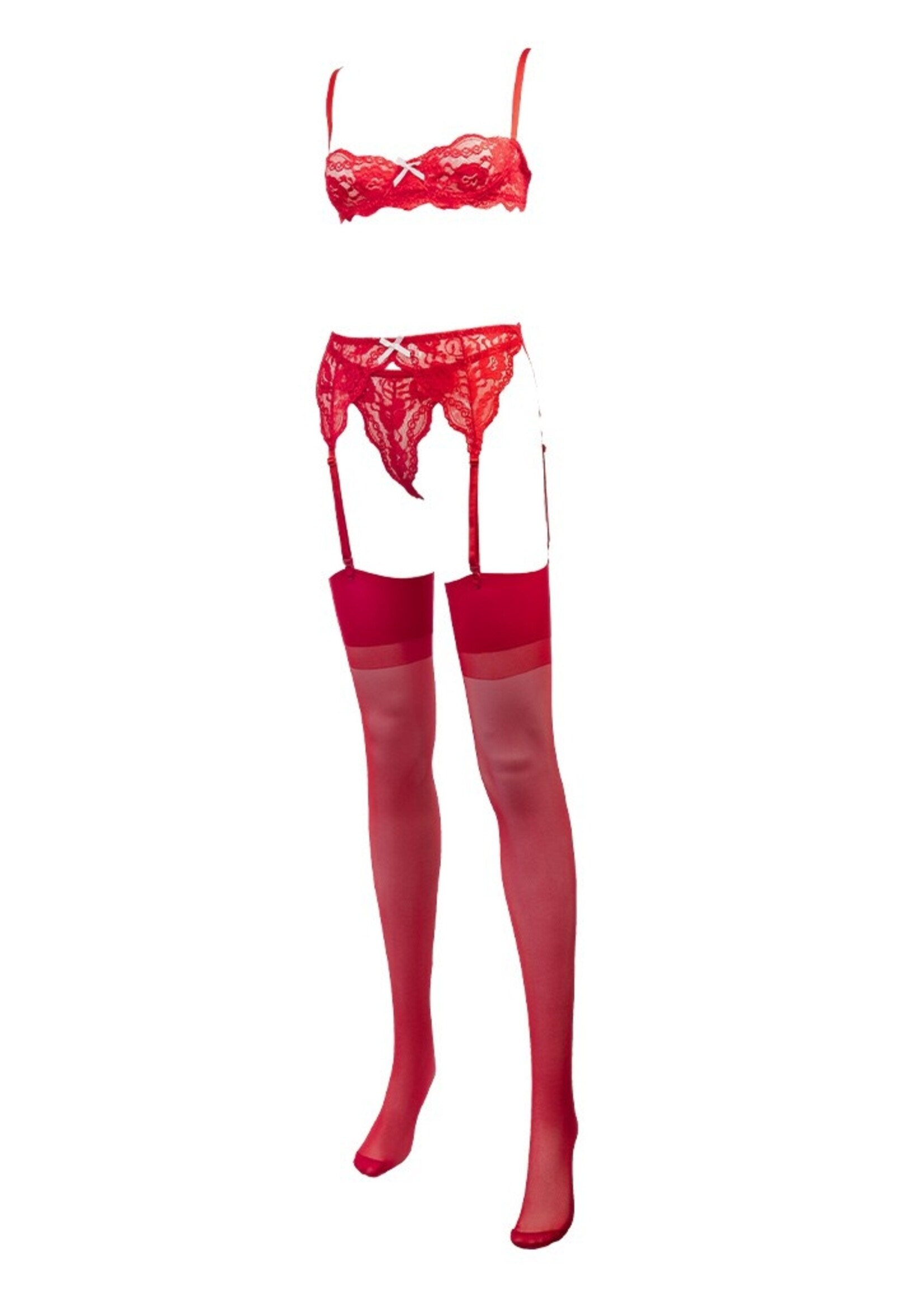 Amorable by Rimba Beha met halve cup, string, jarretelgordel en kousen - Rood