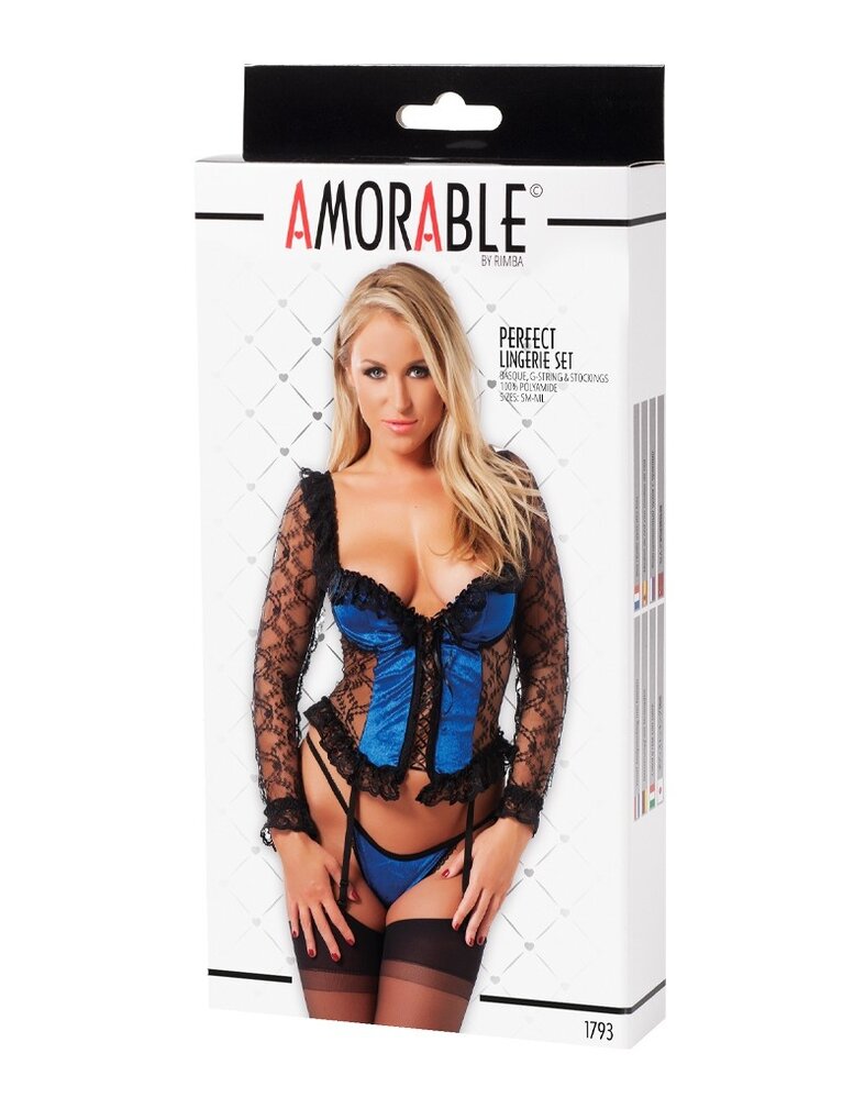 Amorable by Rimba Amorable by Rimba - Korsett mit Bügel, G-String und Strümpfen - Schwarz / Blau