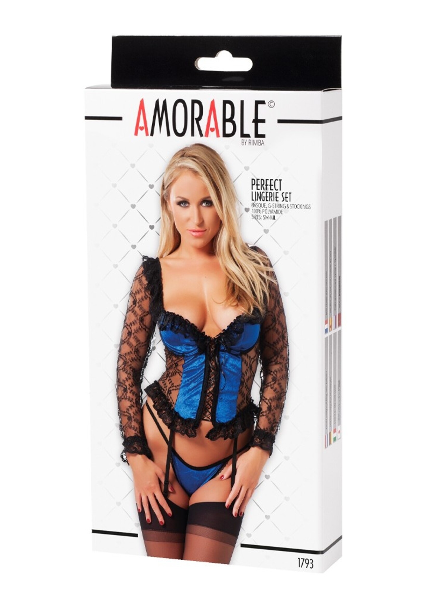 Amorable by Rimba Korset met beugel, string en kousen - Zwart/Blauw
