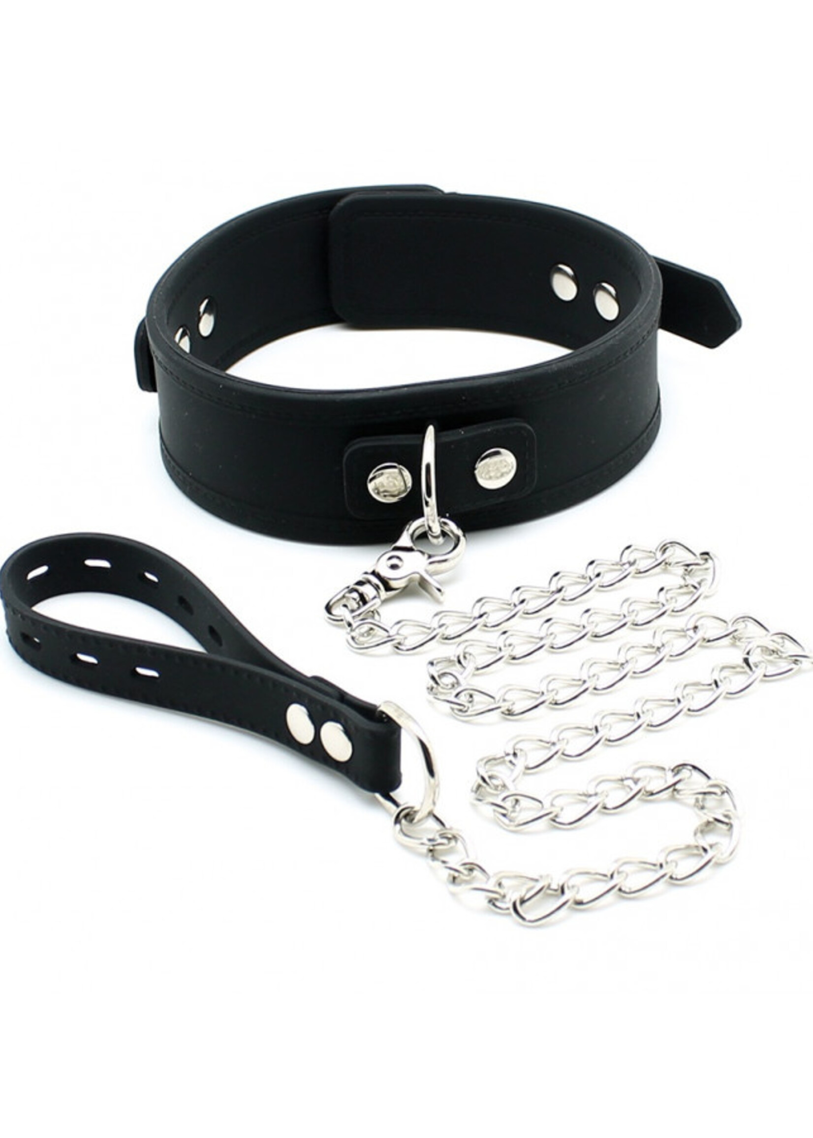 Rimba Latex Play Zwarte halsband – 5 cm siliconen halsband met hondenriem